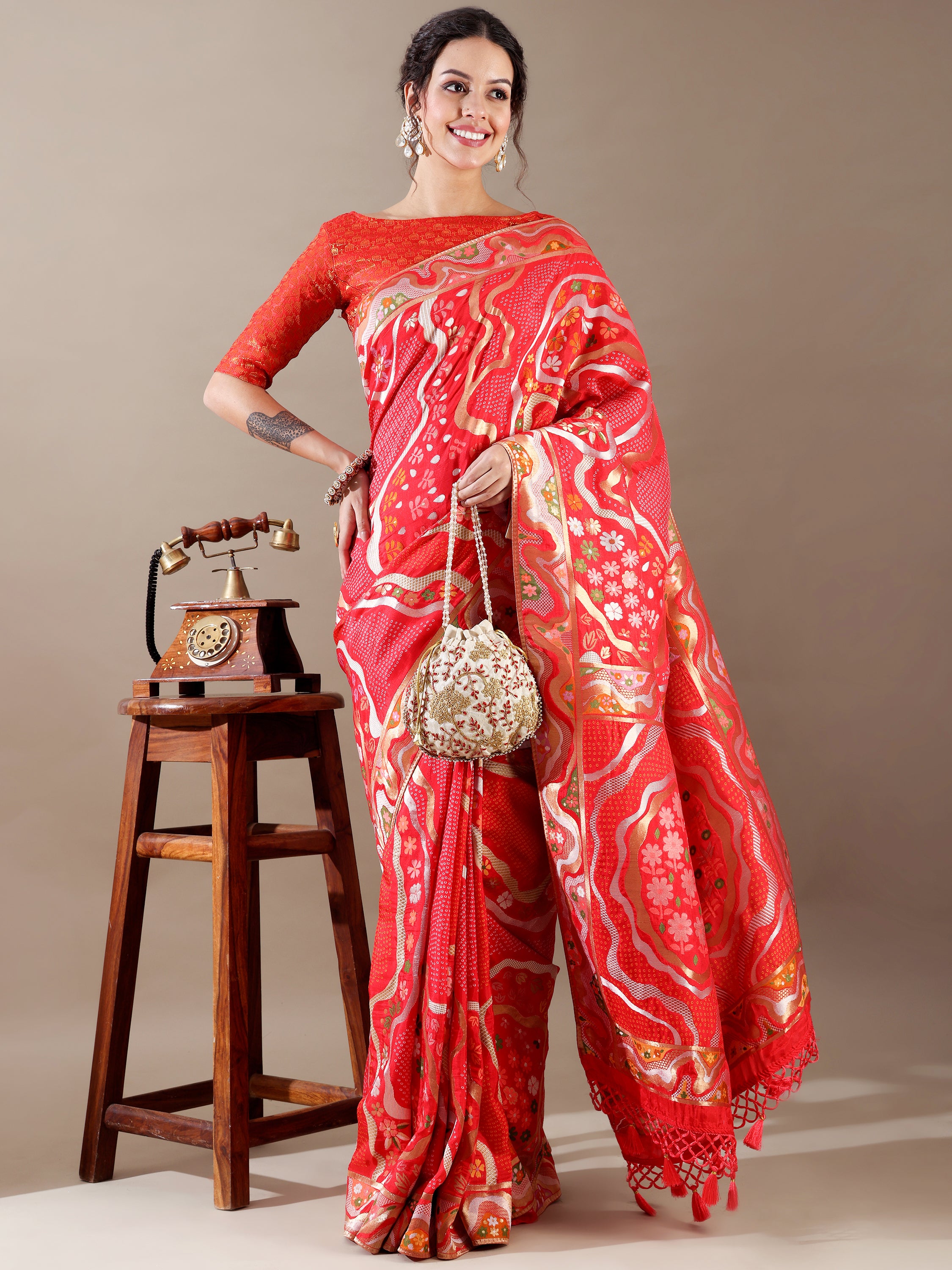 Red Dola Silk Weaving Saree - House of Surya