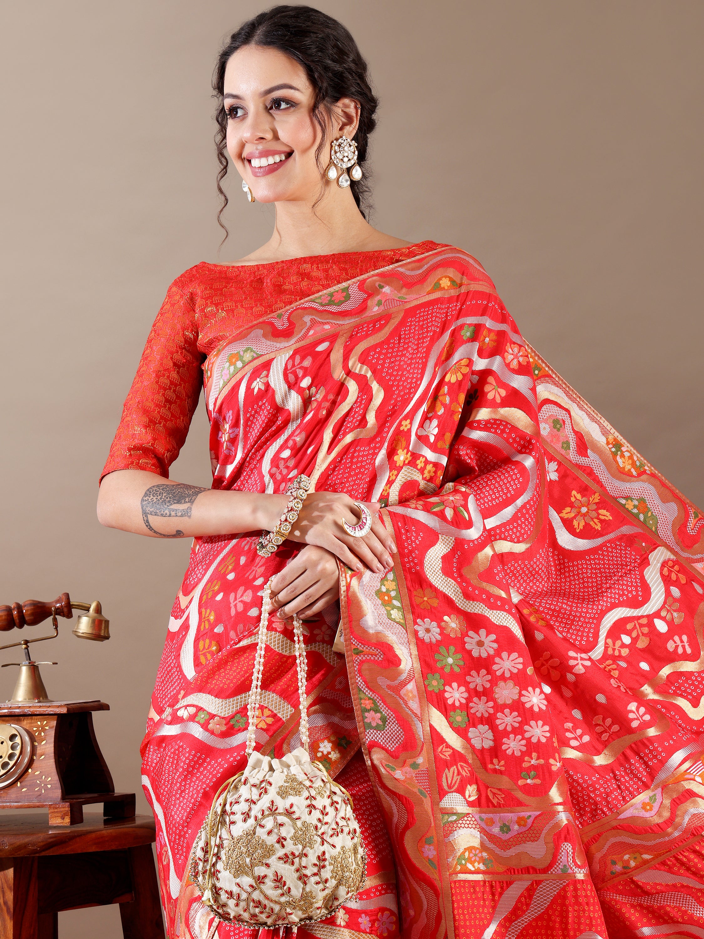 Red Dola Silk Weaving Saree - House of Surya