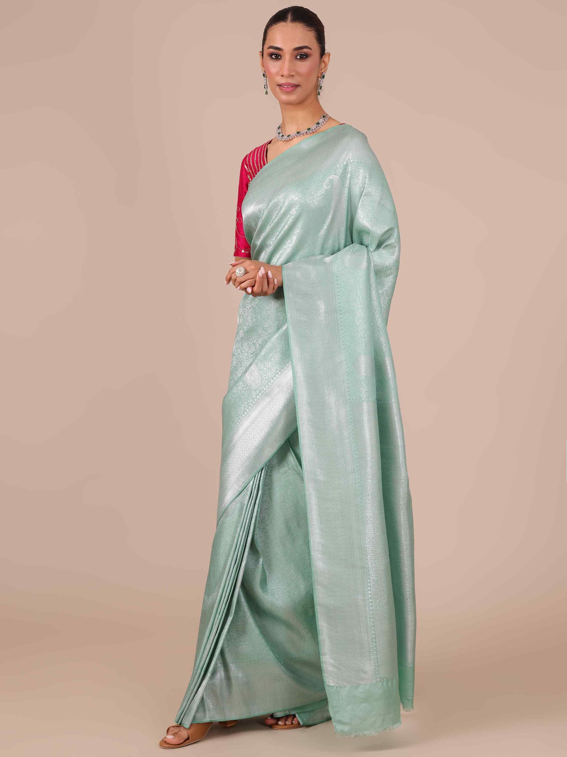 Sea Green Silk Saree with Matching Unstitched Blouse