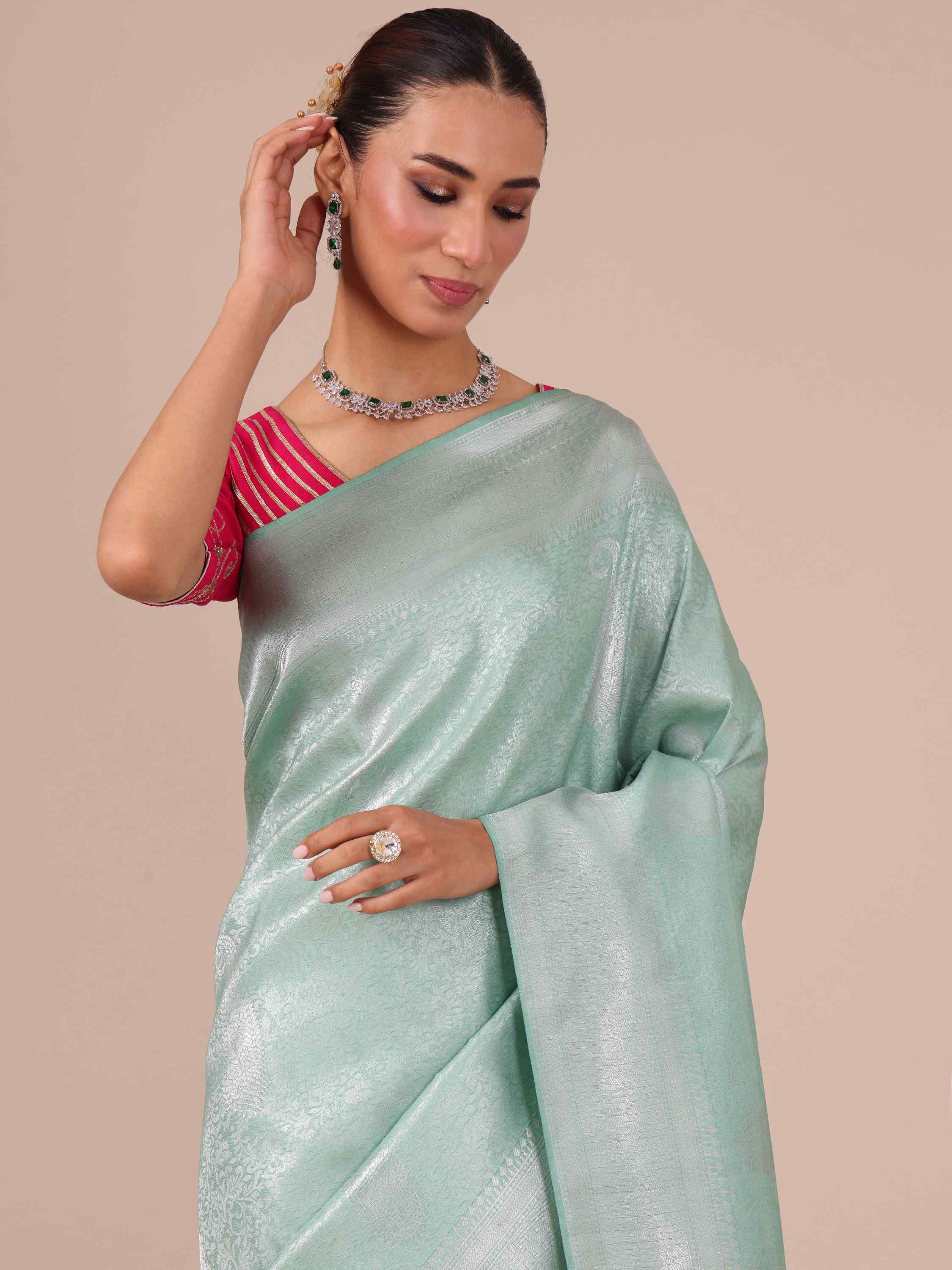 Sea Green Silk Saree with Matching Unstitched Blouse