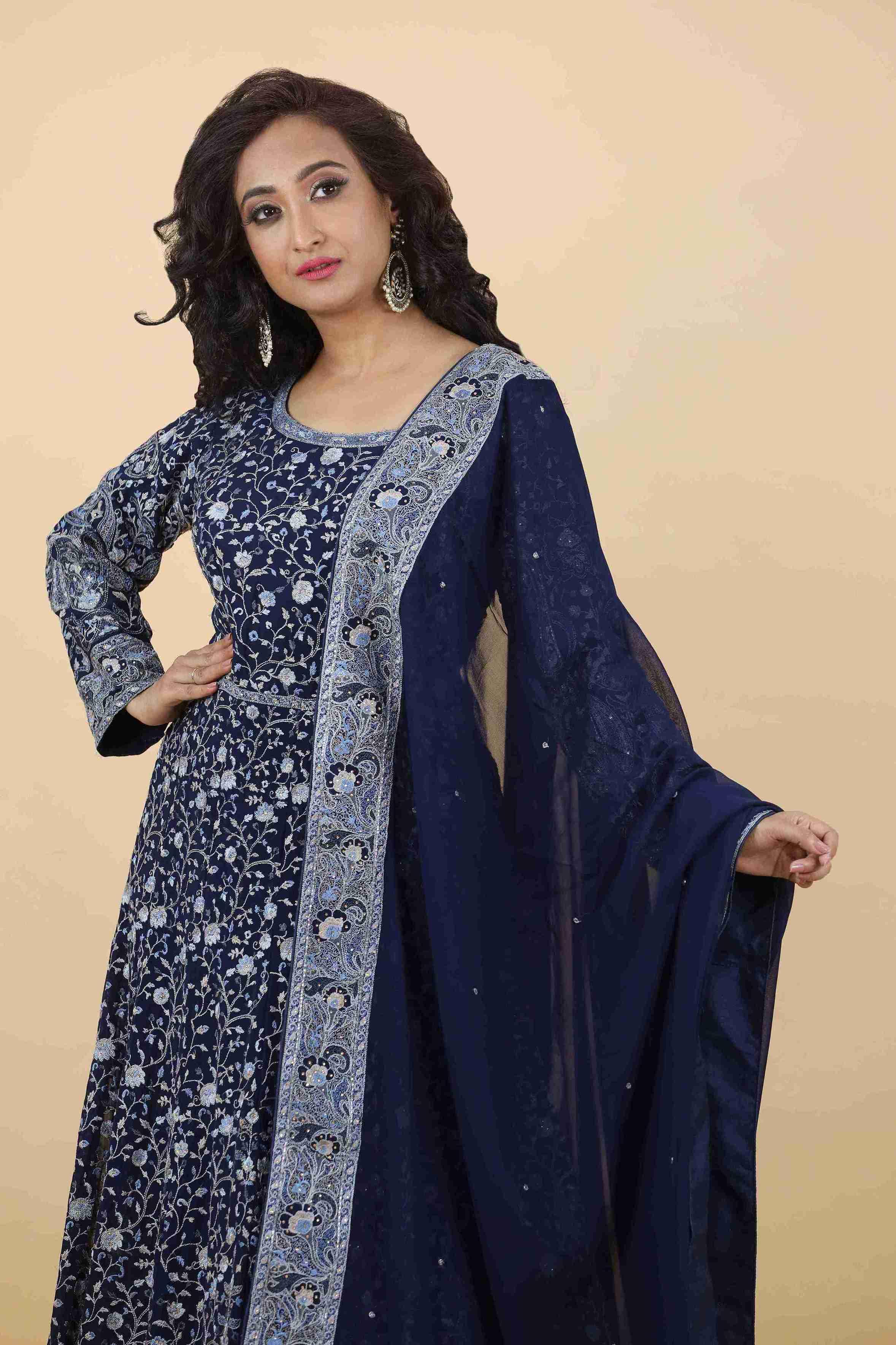 Navy Blue Anarkali With Thread & Cutdana Work