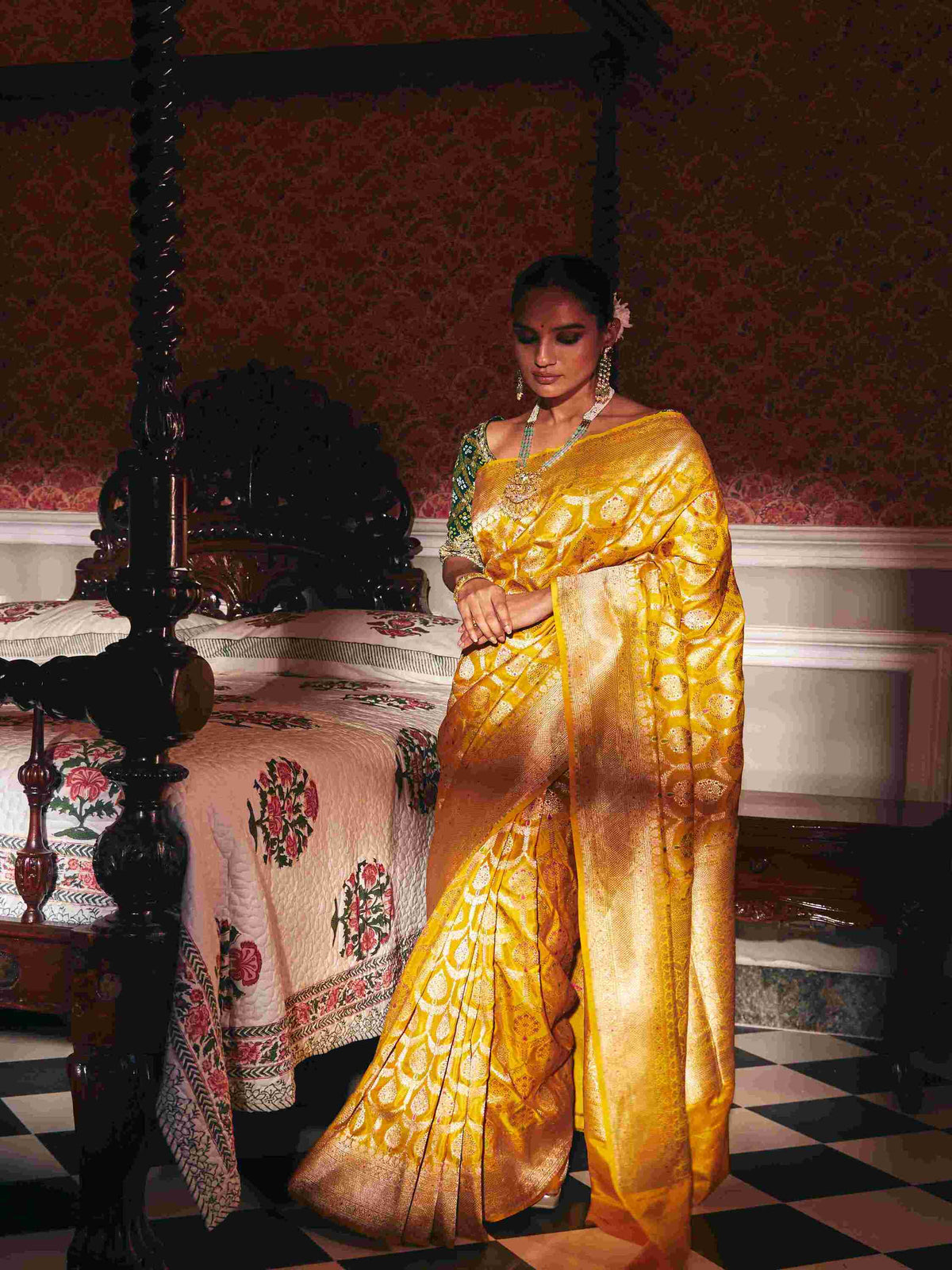 Pure Banarsi Katan Silk, with Golden Zari Weaving and Meenakari