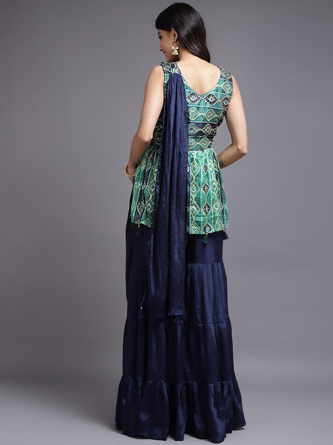 Navy Blue Golden Sequins Chinon Sharara with Matching Dupatta