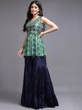 Navy Blue Golden Sequins Chinon Sharara with Matching Dupatta