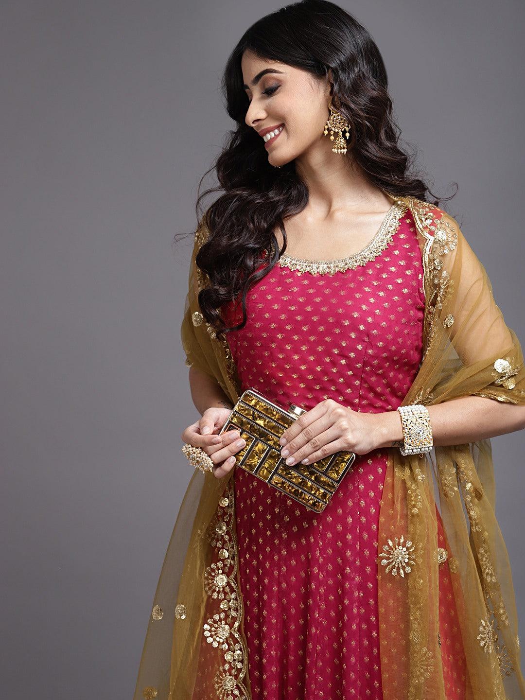 Rani Color Weaving Georgette Anarkali with Mehendi Net Dupatta