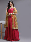 Rani Color Weaving Georgette Anarkali with Mehendi Net Dupatta