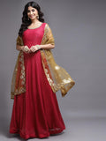 Rani Color Weaving Georgette Anarkali with Mehendi Net Dupatta