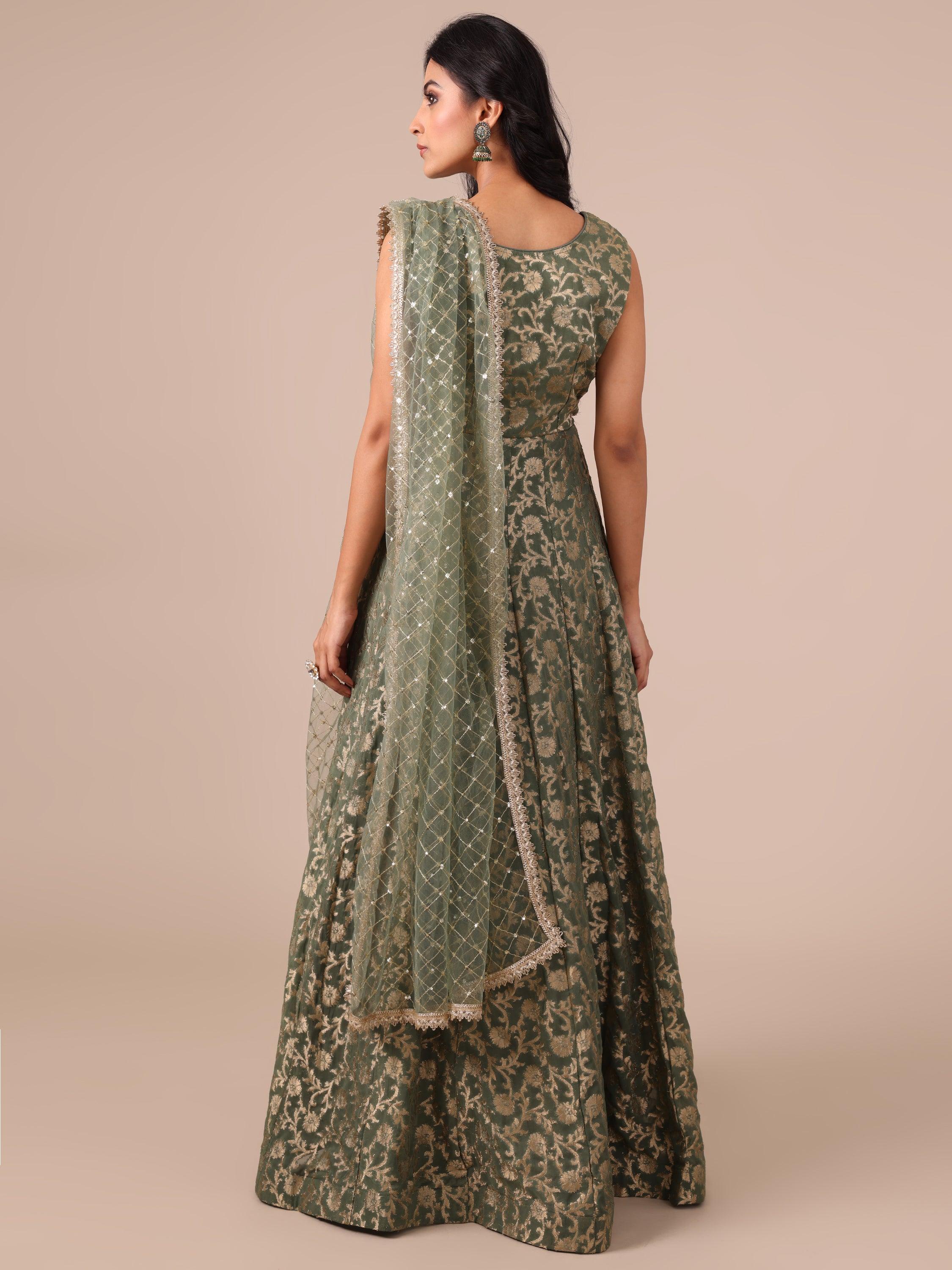 Mehendi Color Khaddi Georgette Gown with Net Dupatta - House of Surya