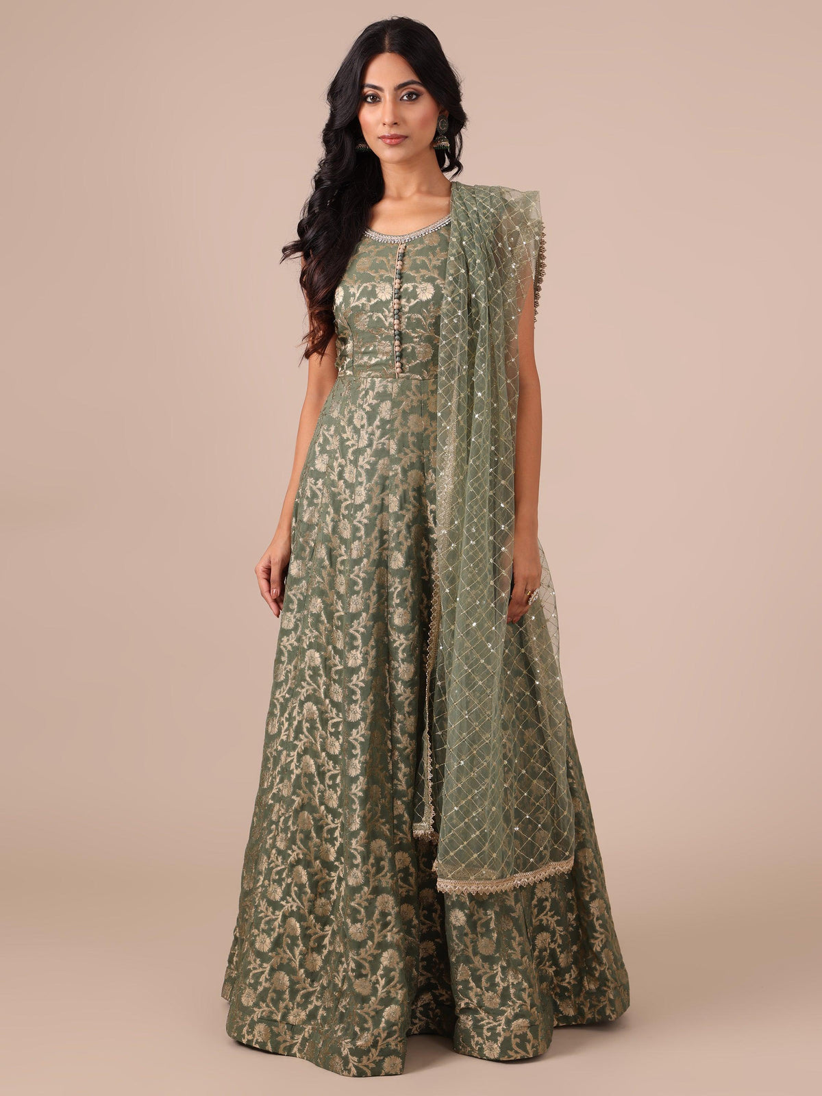 Mehendi Color Khaddi Georgette Gown with Net Dupatta - House of Surya