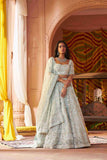 Ice Blue Organza Lehenga Choli with Pearls, Sequins, and Dori Detailing