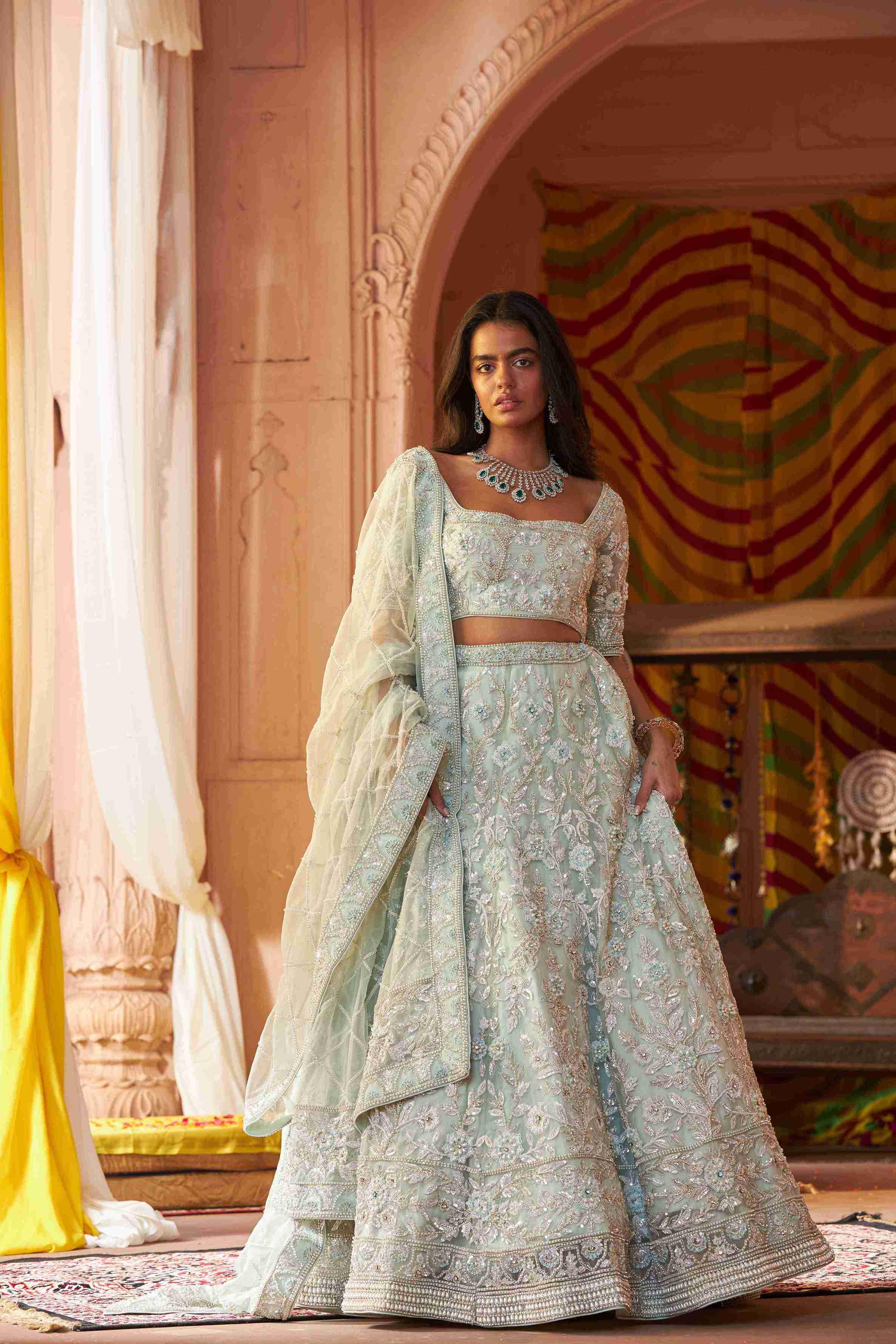 Ice Blue Organza Lehenga Choli with Pearls, Sequins, and Dori Detailing