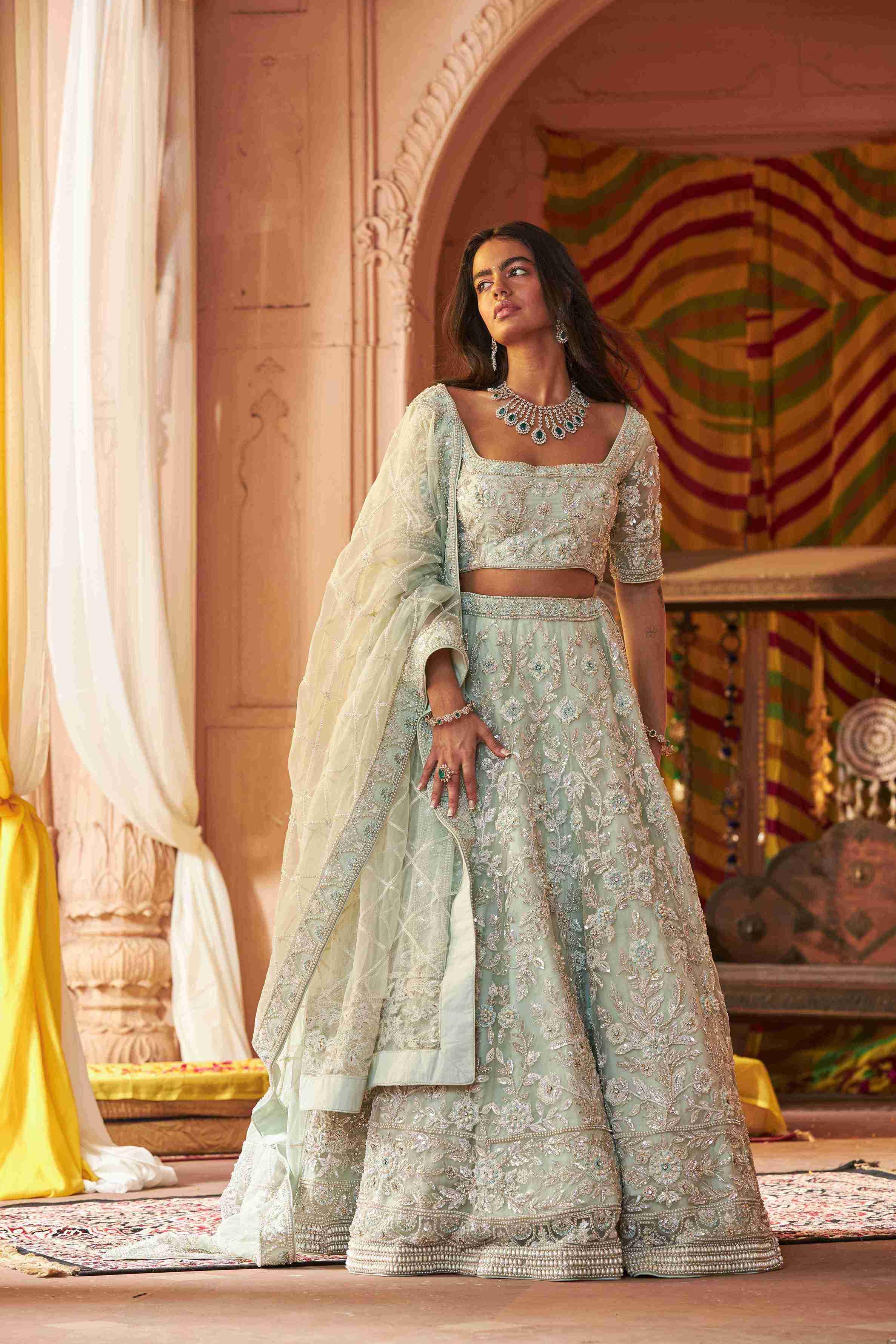 Ice Blue Organza Lehenga Choli with Pearls, Sequins, and Dori Detailing