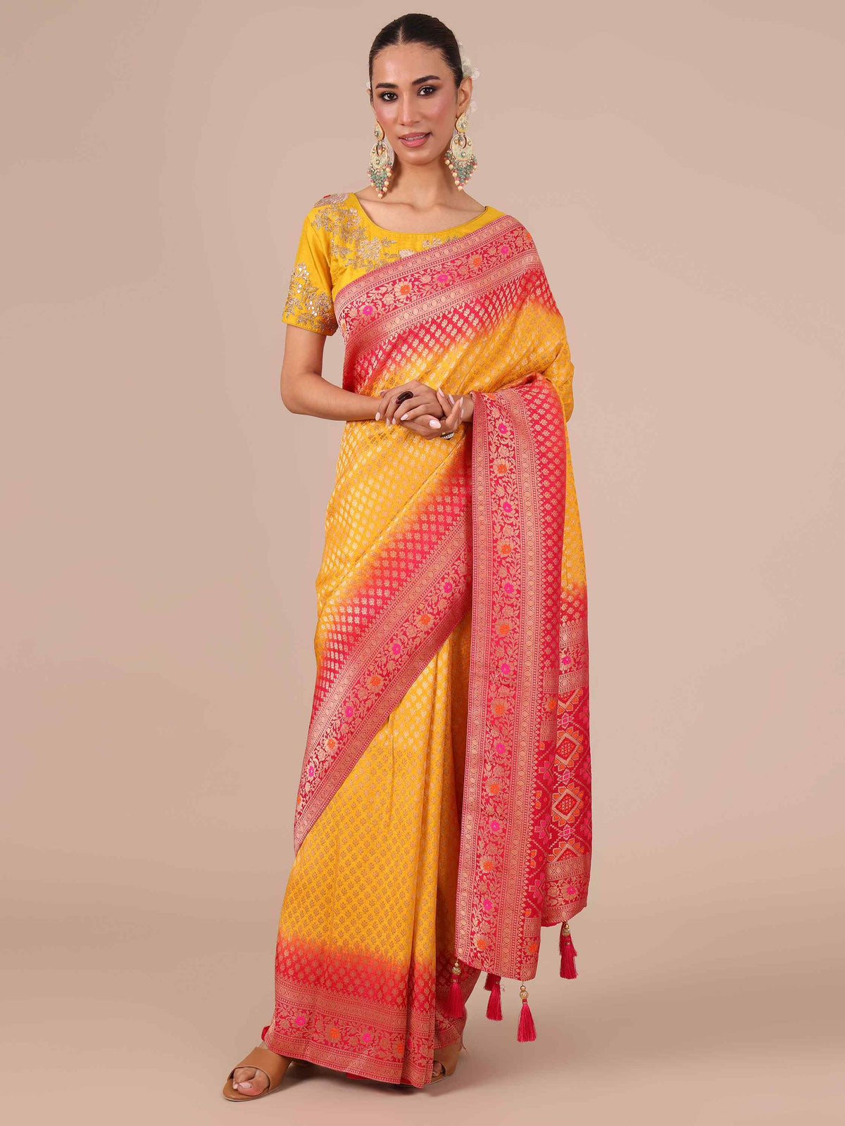 Yellow Dola Silk Weaving Saree with Unstitched Rani color Blouse