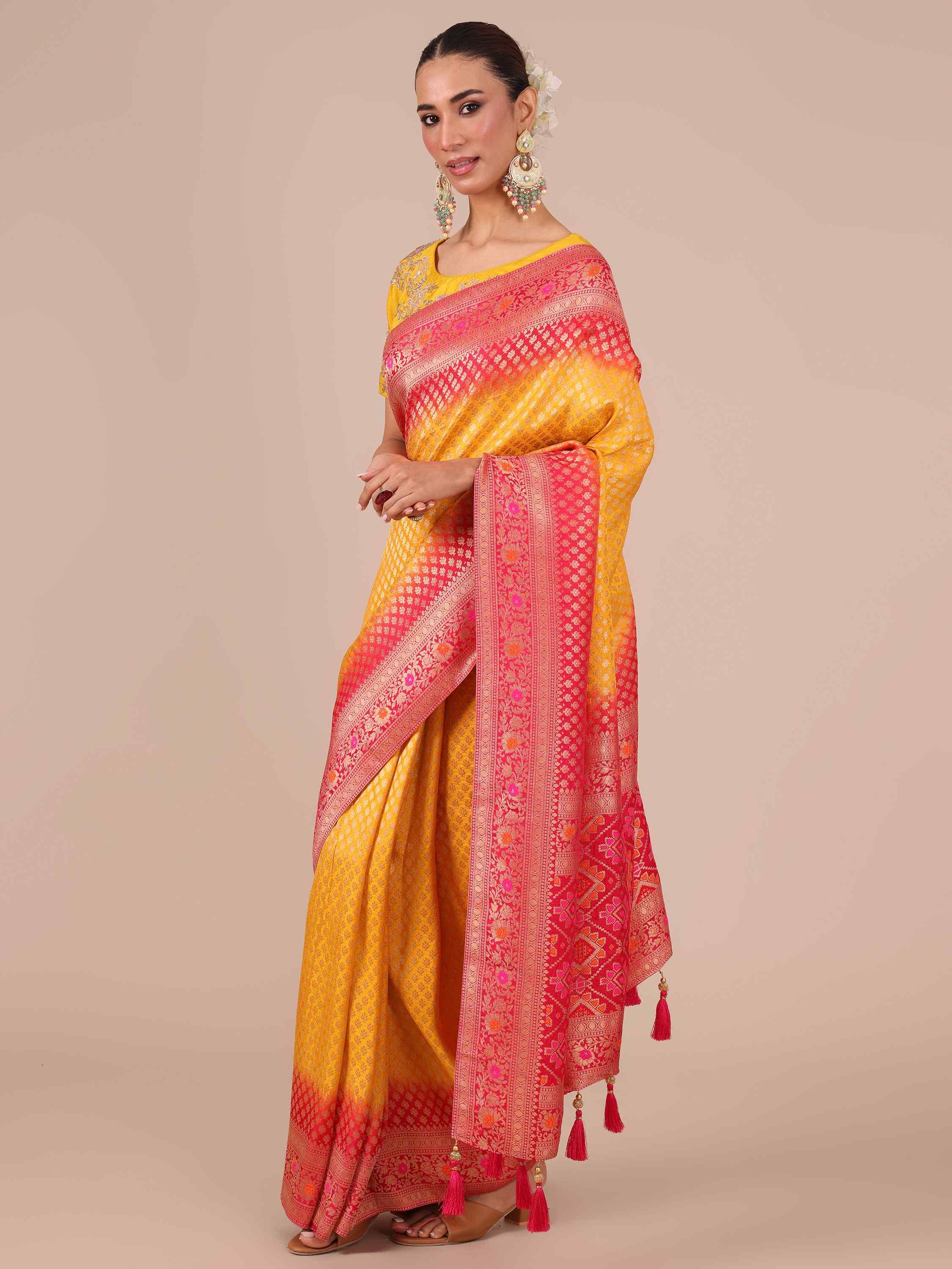 Yellow Dola Silk Weaving Saree with Unstitched Rani color Blouse