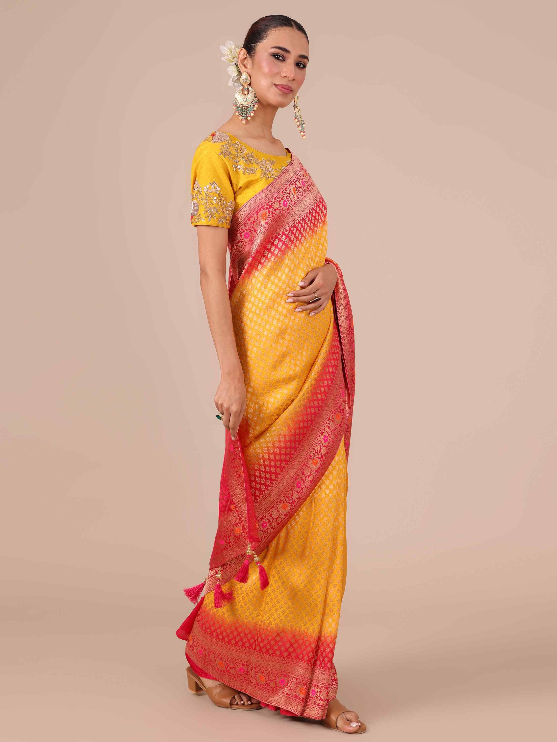 Yellow Dola Silk Weaving Saree with Unstitched Rani color Blouse