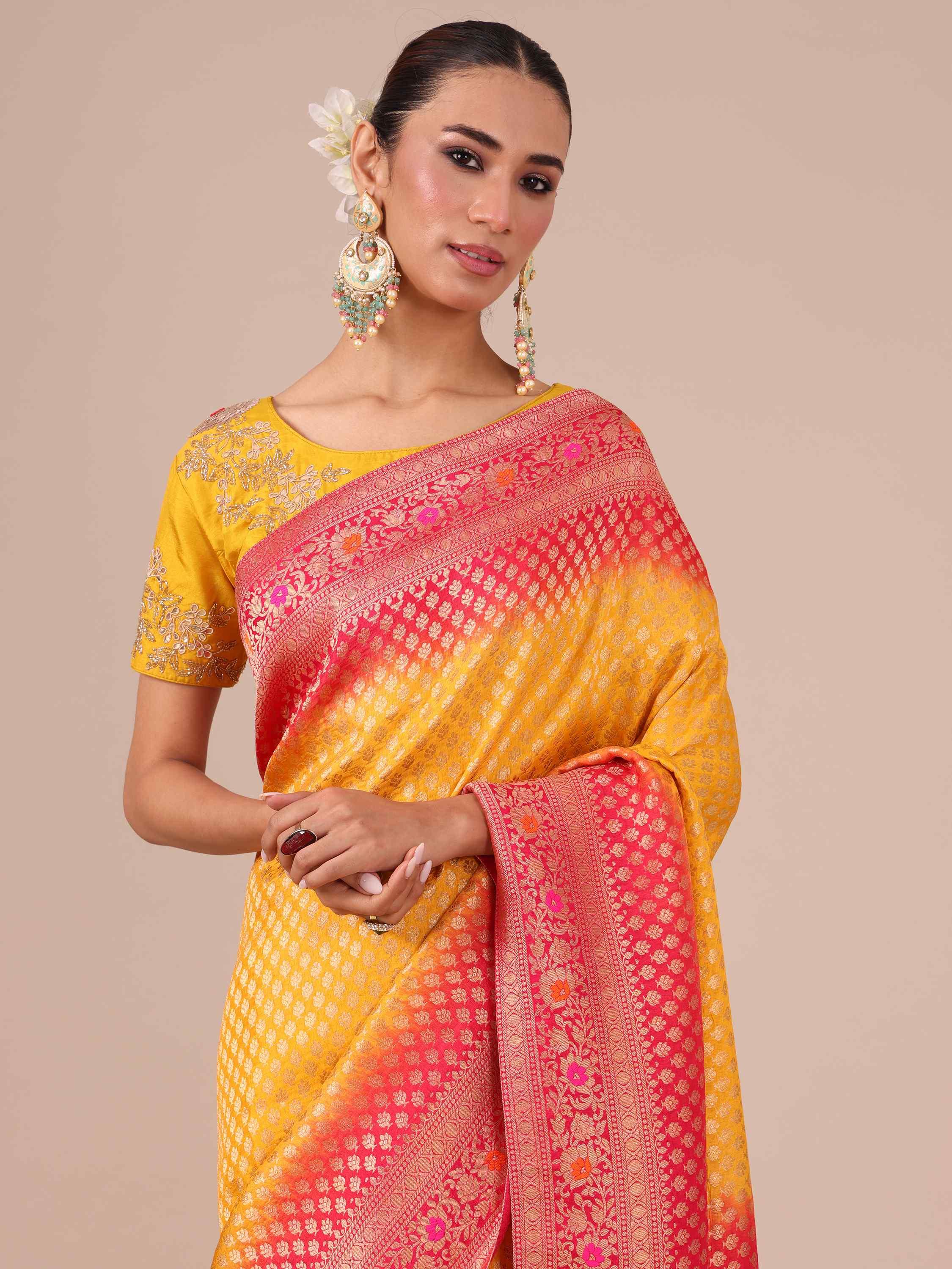 Yellow Dola Silk Weaving Saree with Unstitched Rani color Blouse