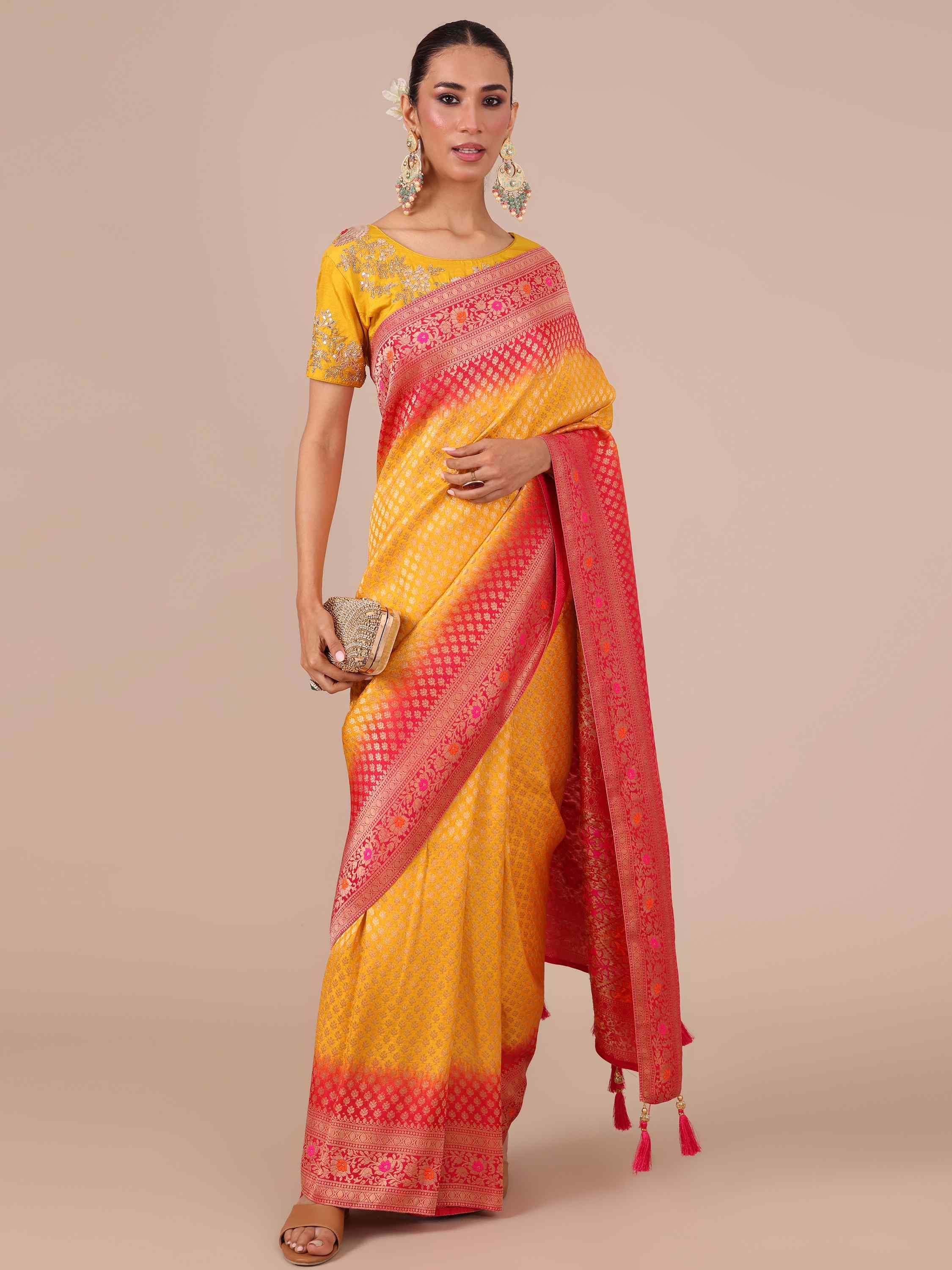 Yellow Dola Silk Weaving Saree with Unstitched Rani color Blouse