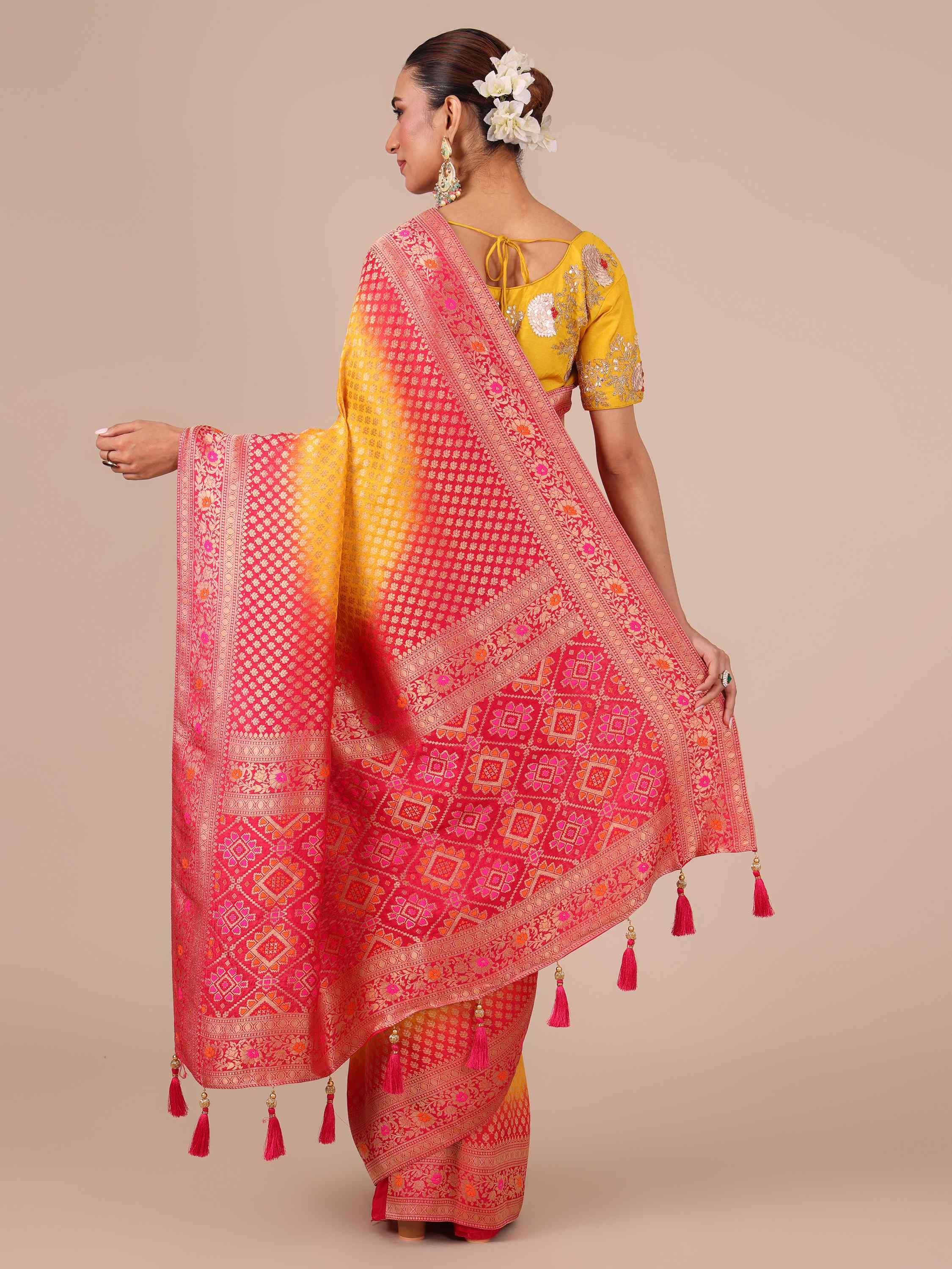 Yellow Dola Silk Weaving Saree with Unstitched Rani color Blouse