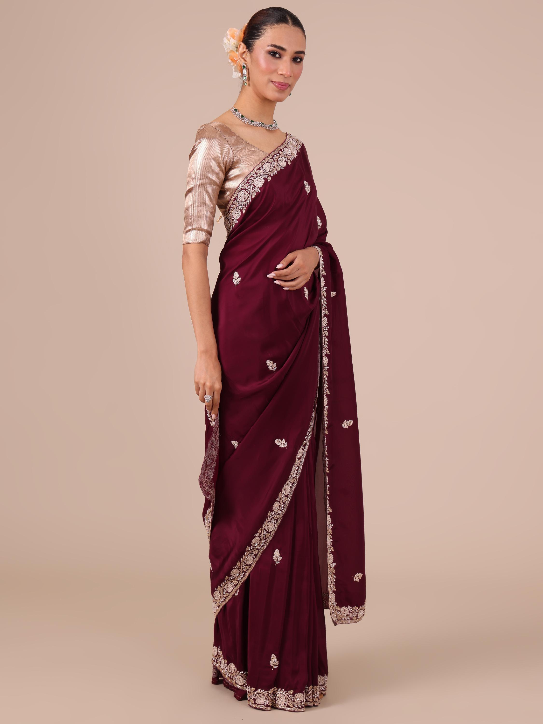 Wine Color Satin Crepe Saree with Unstitched Silk Blouse