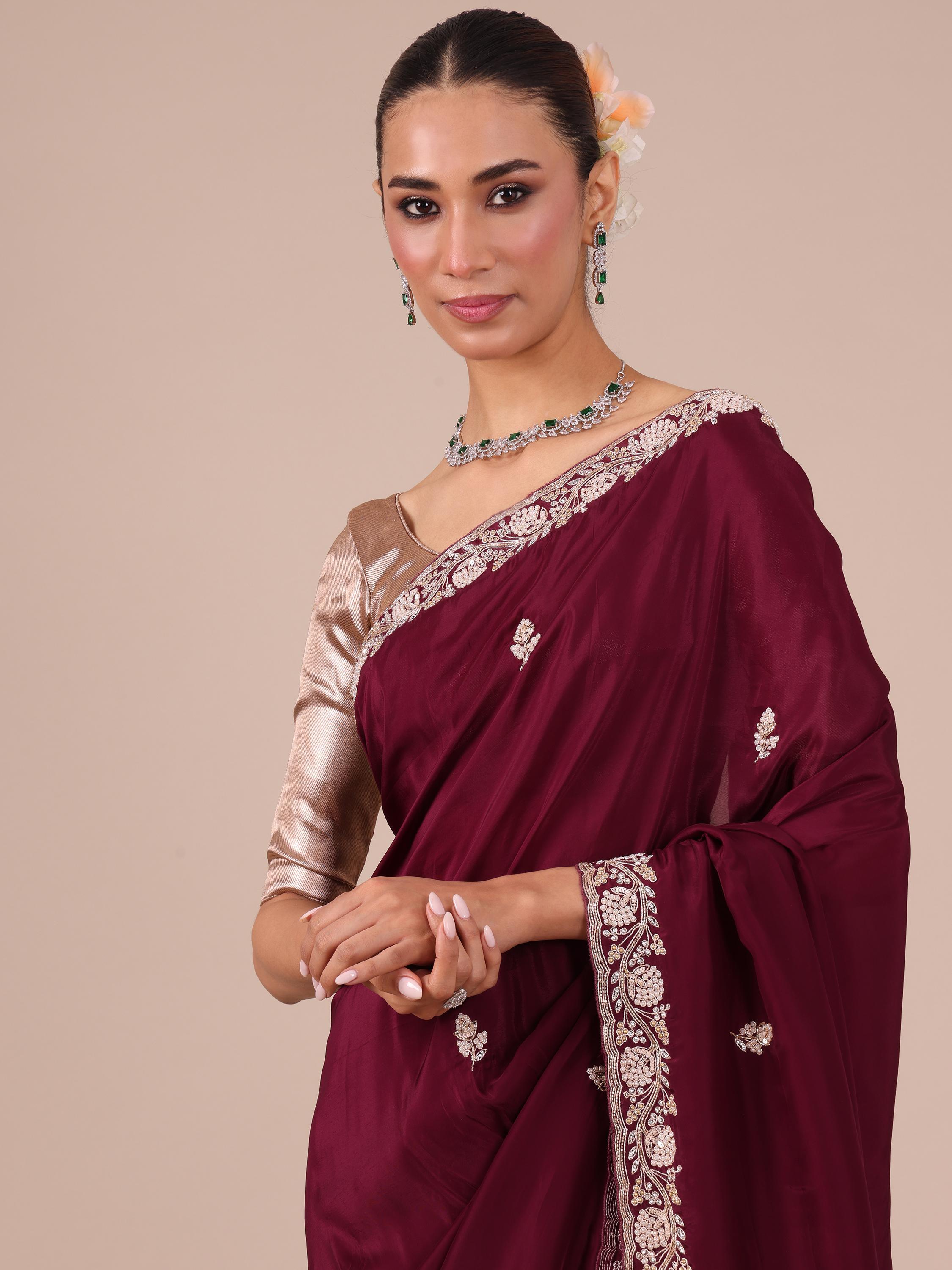 Wine Color Satin Crepe Saree with Unstitched Silk Blouse