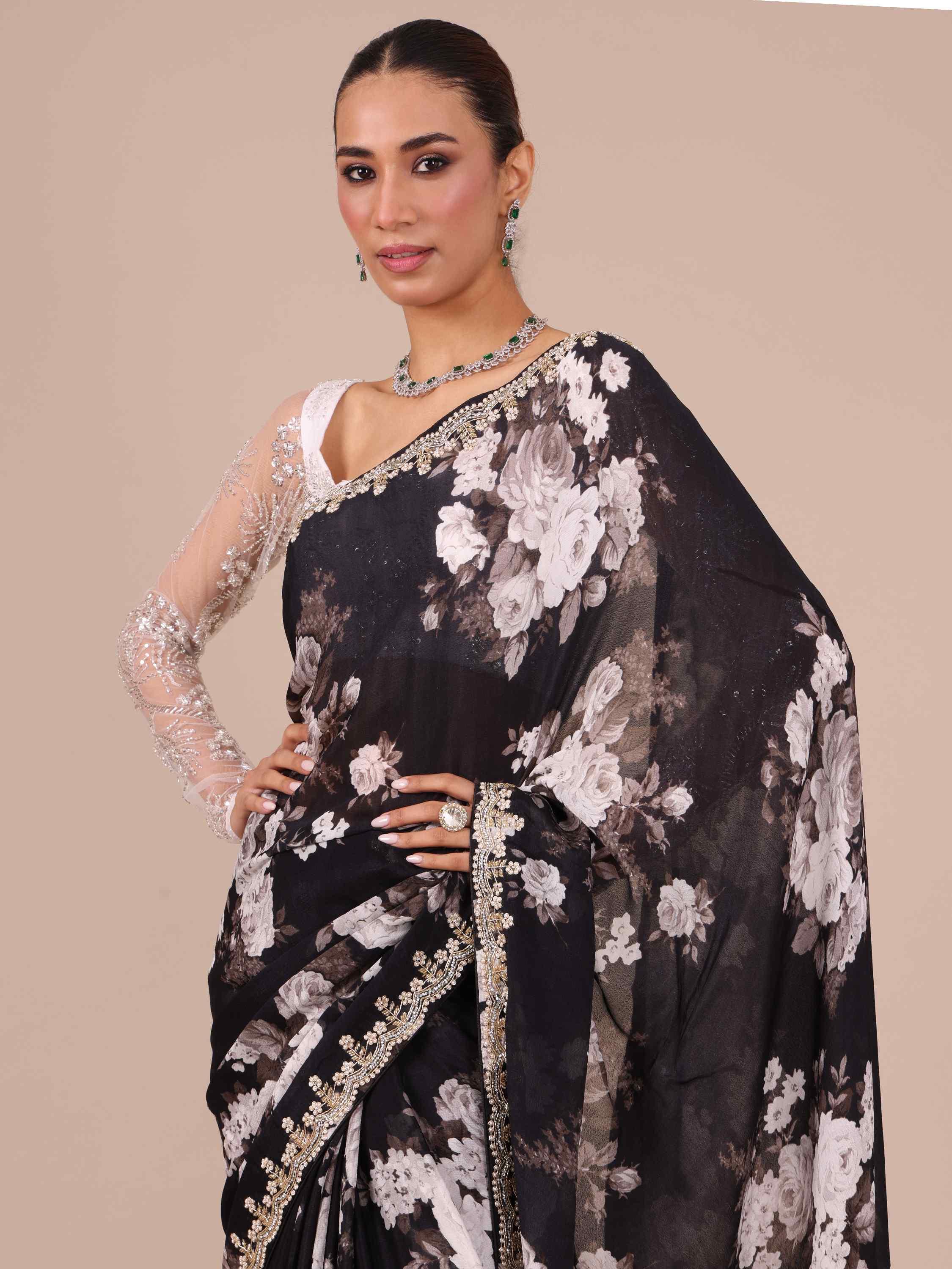 Black Chinon Saree with Dabka and Beads Work