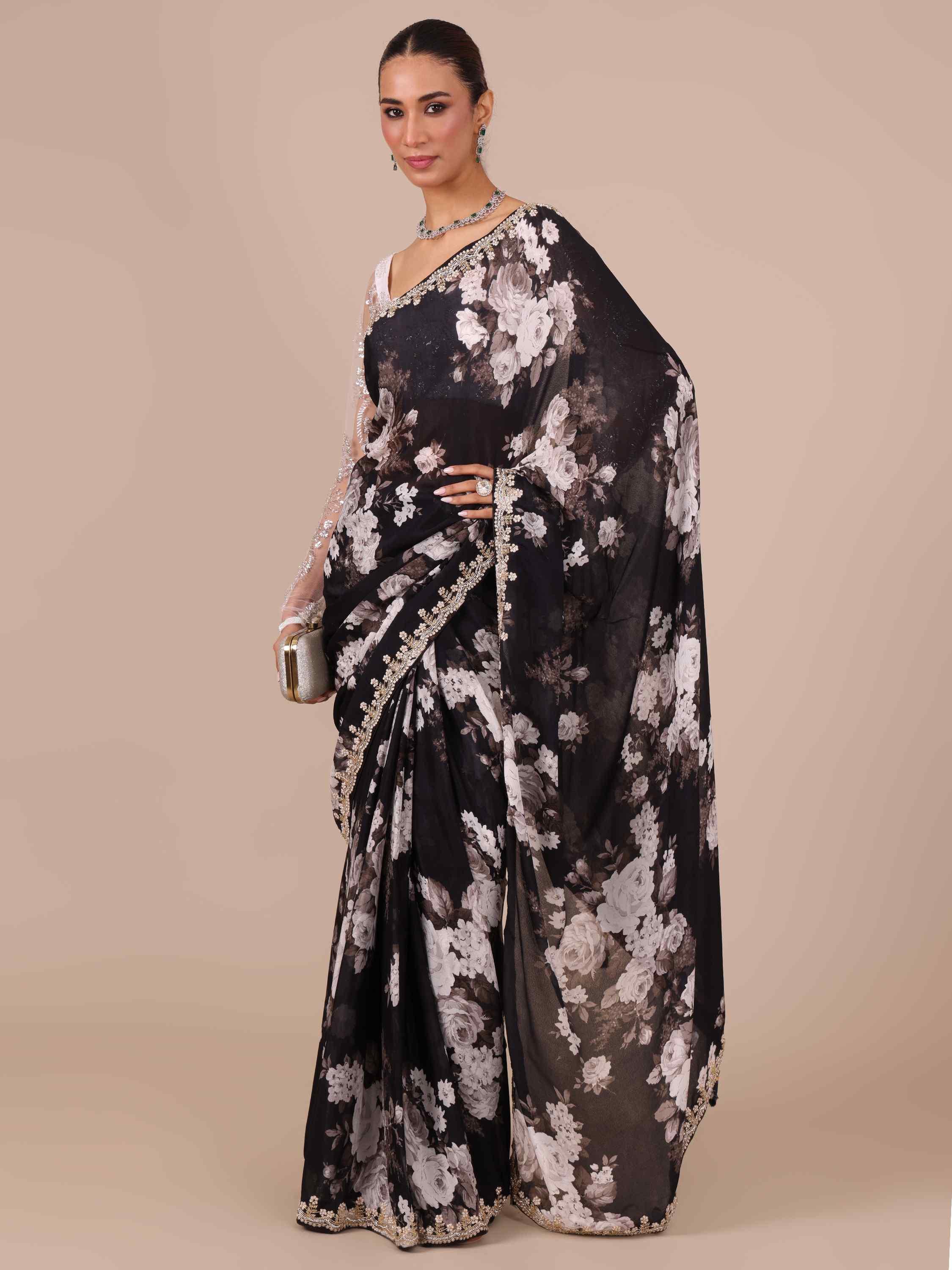 Black Chinon Saree – House of Surya