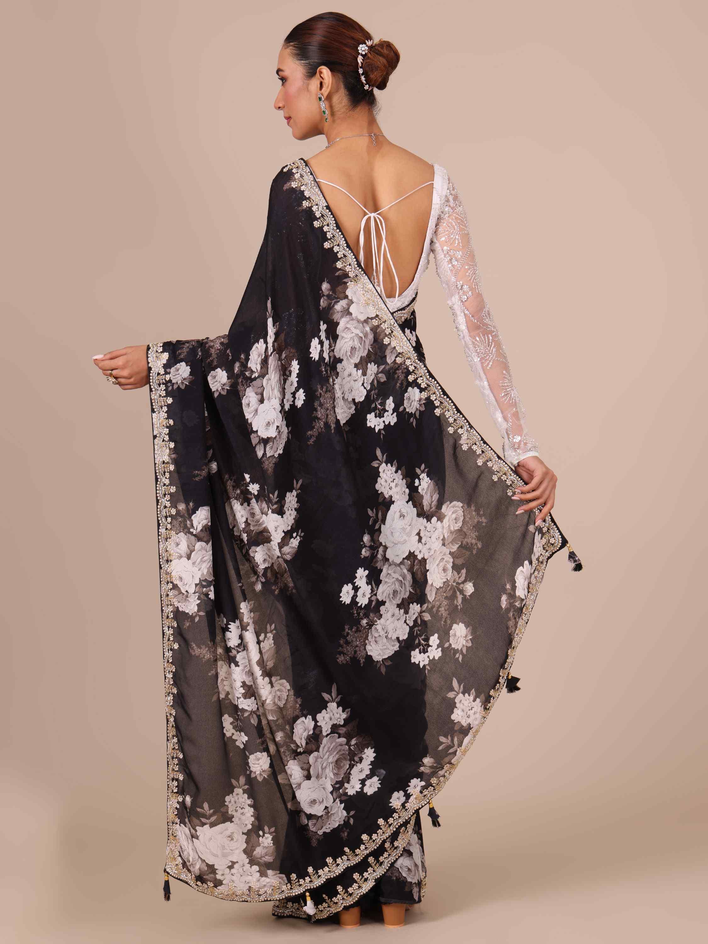 Black Chinon Saree – House of Surya