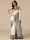 White Silk Weaving Saree with Black Unstitched Blouse - House of Surya