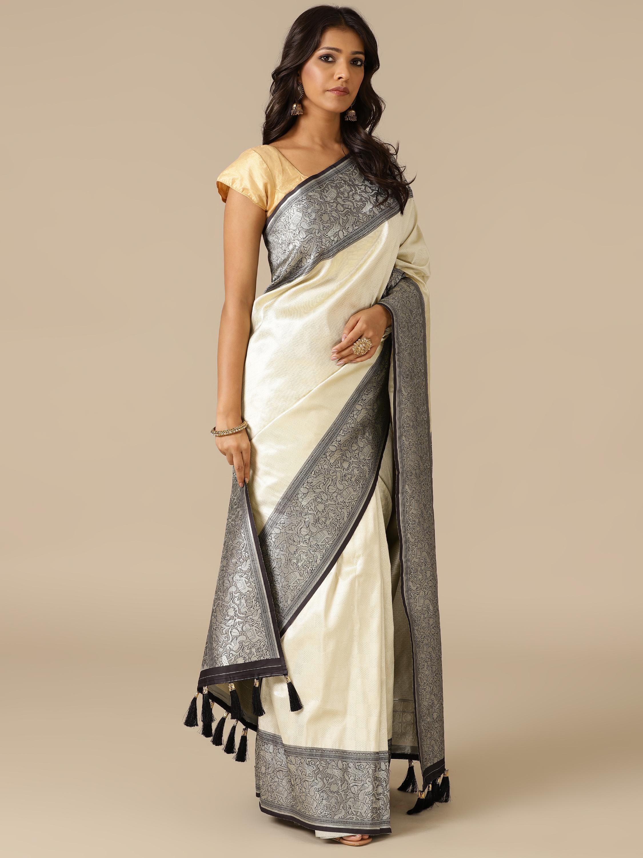 White Silk Weaving Saree with Black Unstitched Blouse - House of Surya