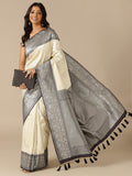 White Silk Weaving Saree with Black Unstitched Blouse - House of Surya