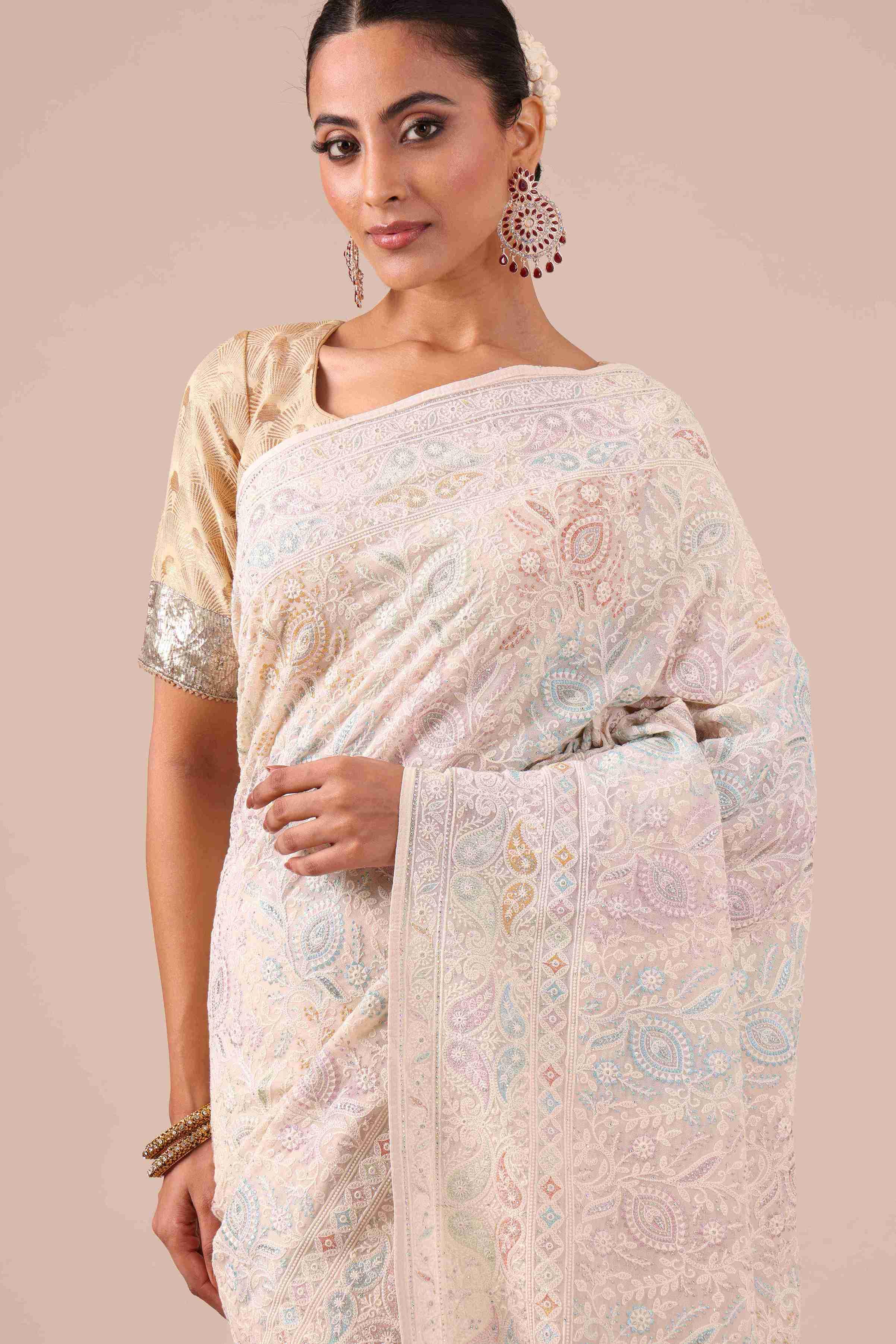 Cream Color Organza Saree with Chikan Kari Work