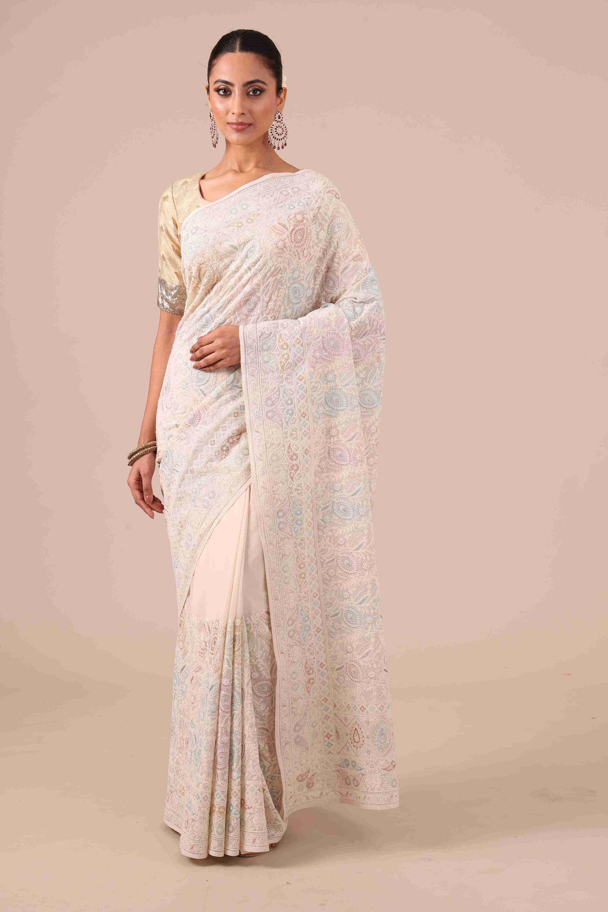 Cream Color Organza Saree with Chikan Kari Work