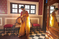 Organza Yellow saree with Zardozi, pearl and sequins work