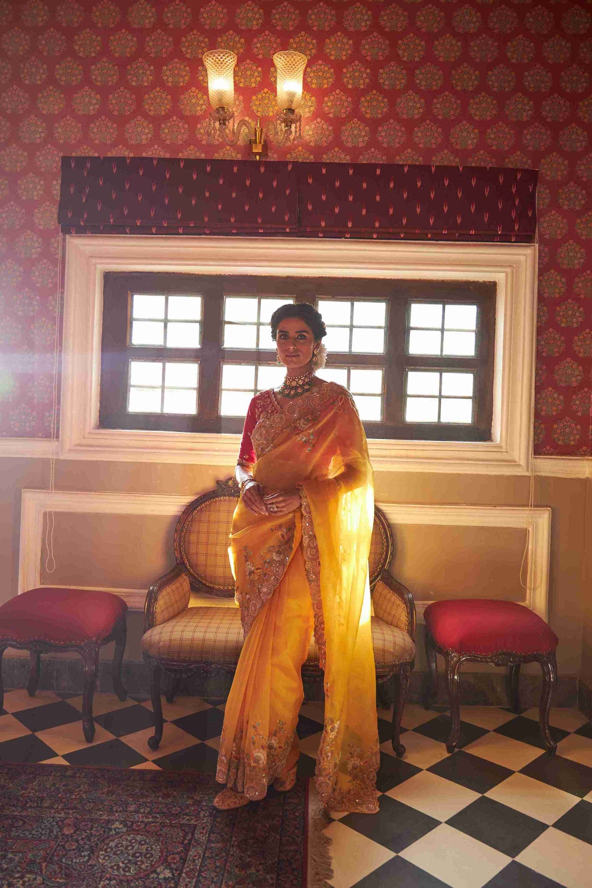 Organza Yellow saree with Zardozi, pearl and sequins work