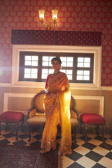 Organza Yellow saree with Zardozi, pearl and sequins work