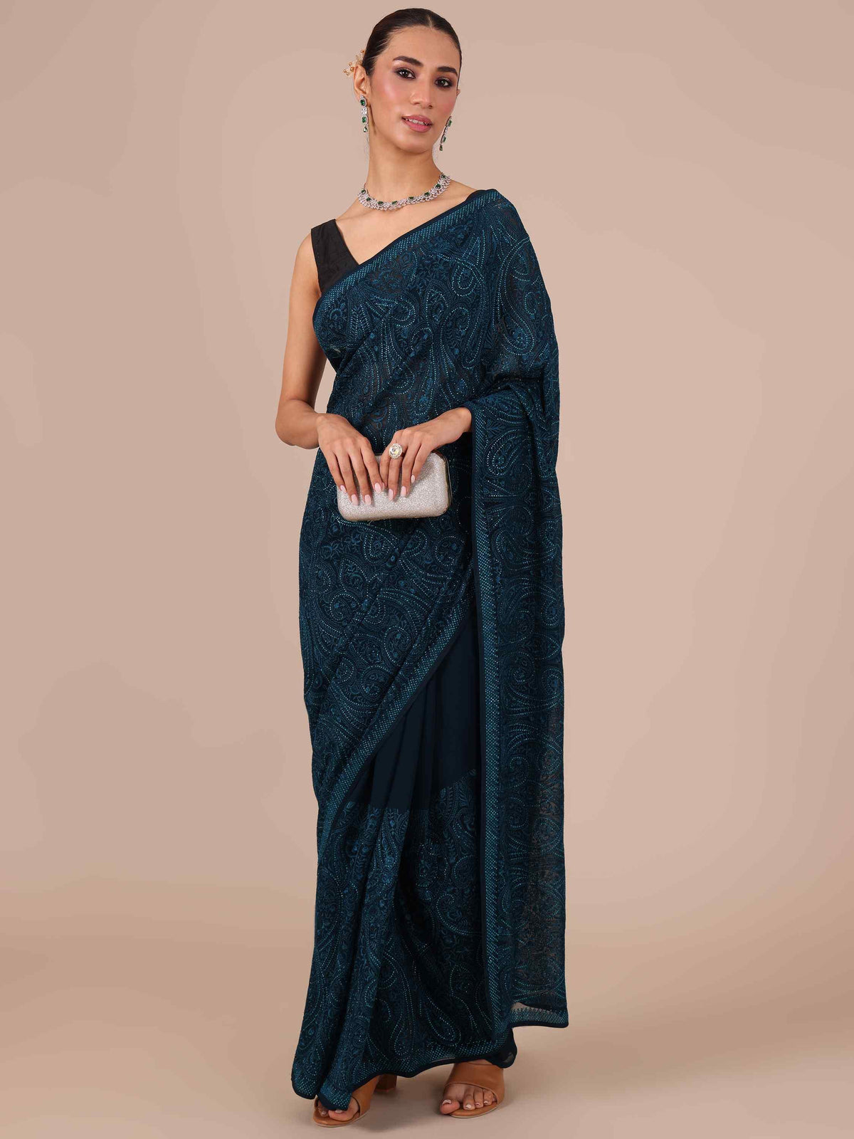 Georgette Saree in Peacock Blue - House of Surya 