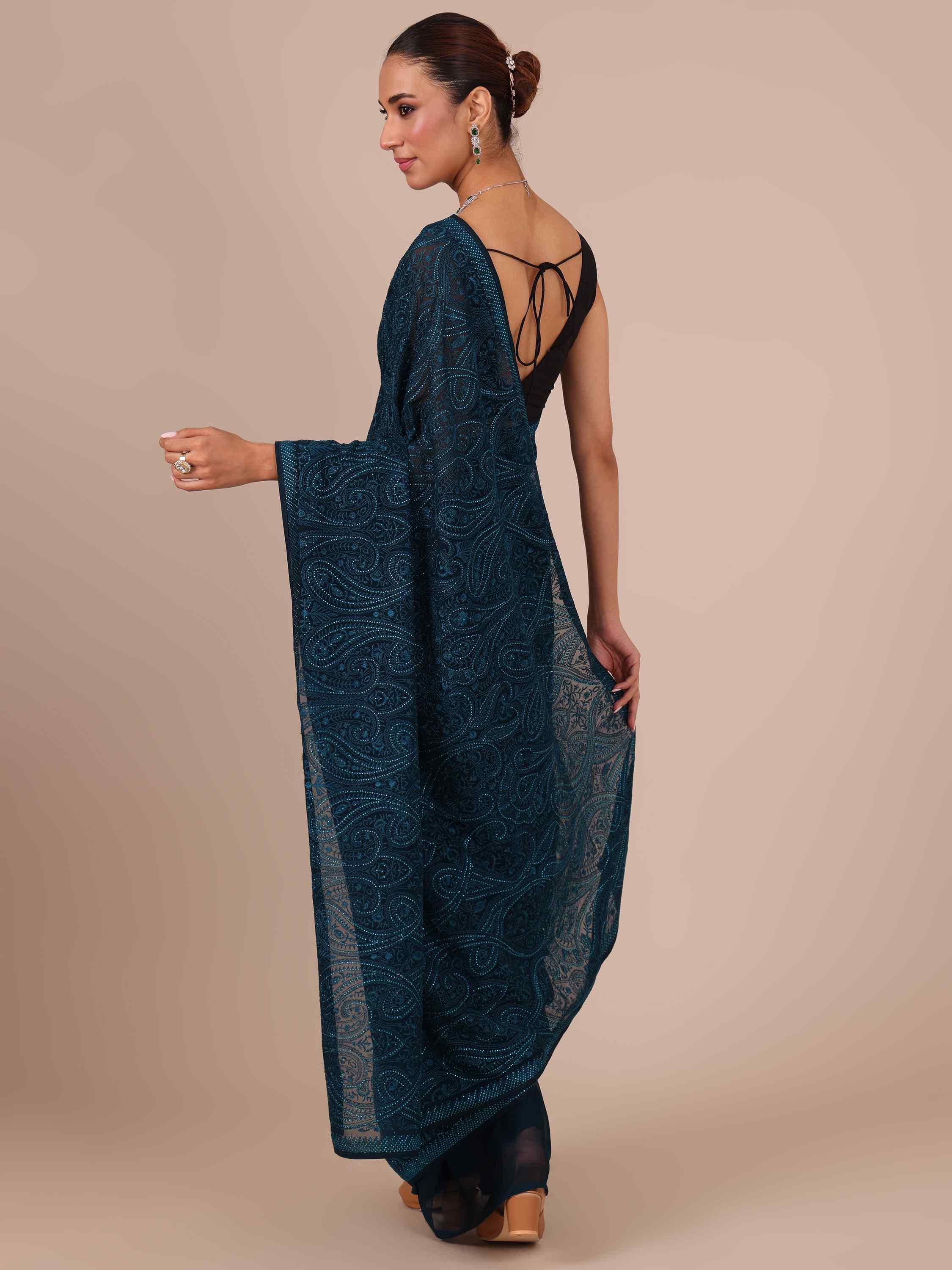 Georgette Saree in Peacock Blue - House of Surya 