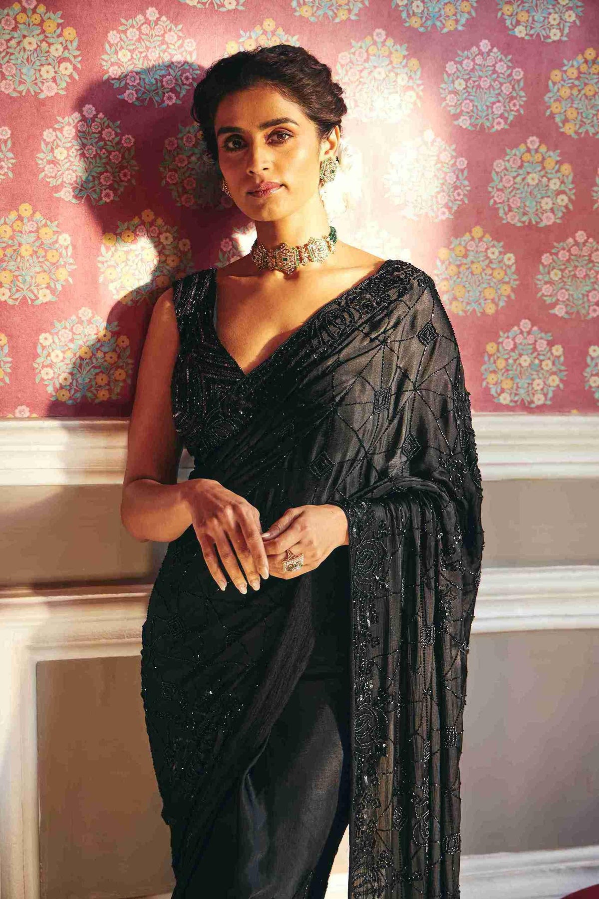 Pure Crepe Black Saree With Pearl And Sequins Work