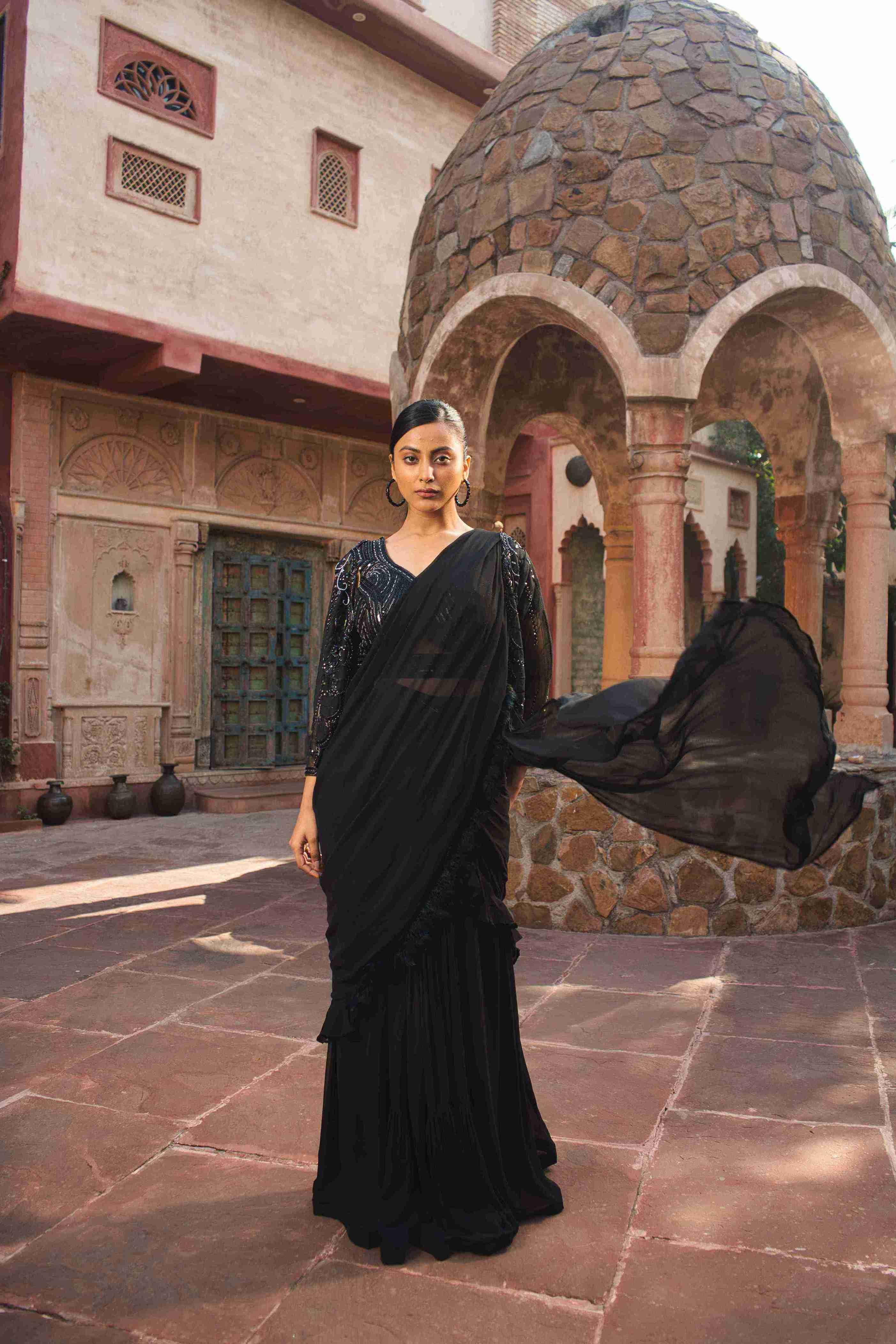 Black Color Drape Saree With Cutdana & Sequins Work