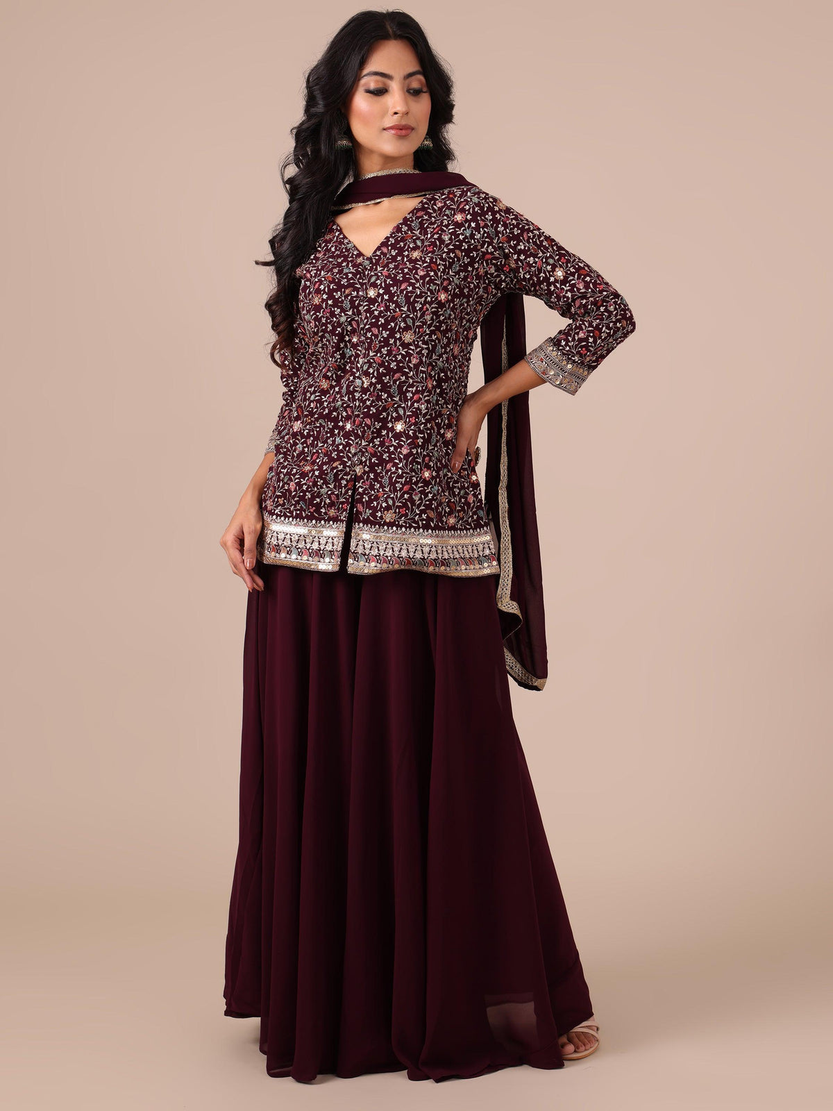 Wine Color Georgette Sharara with Matching Dupatta