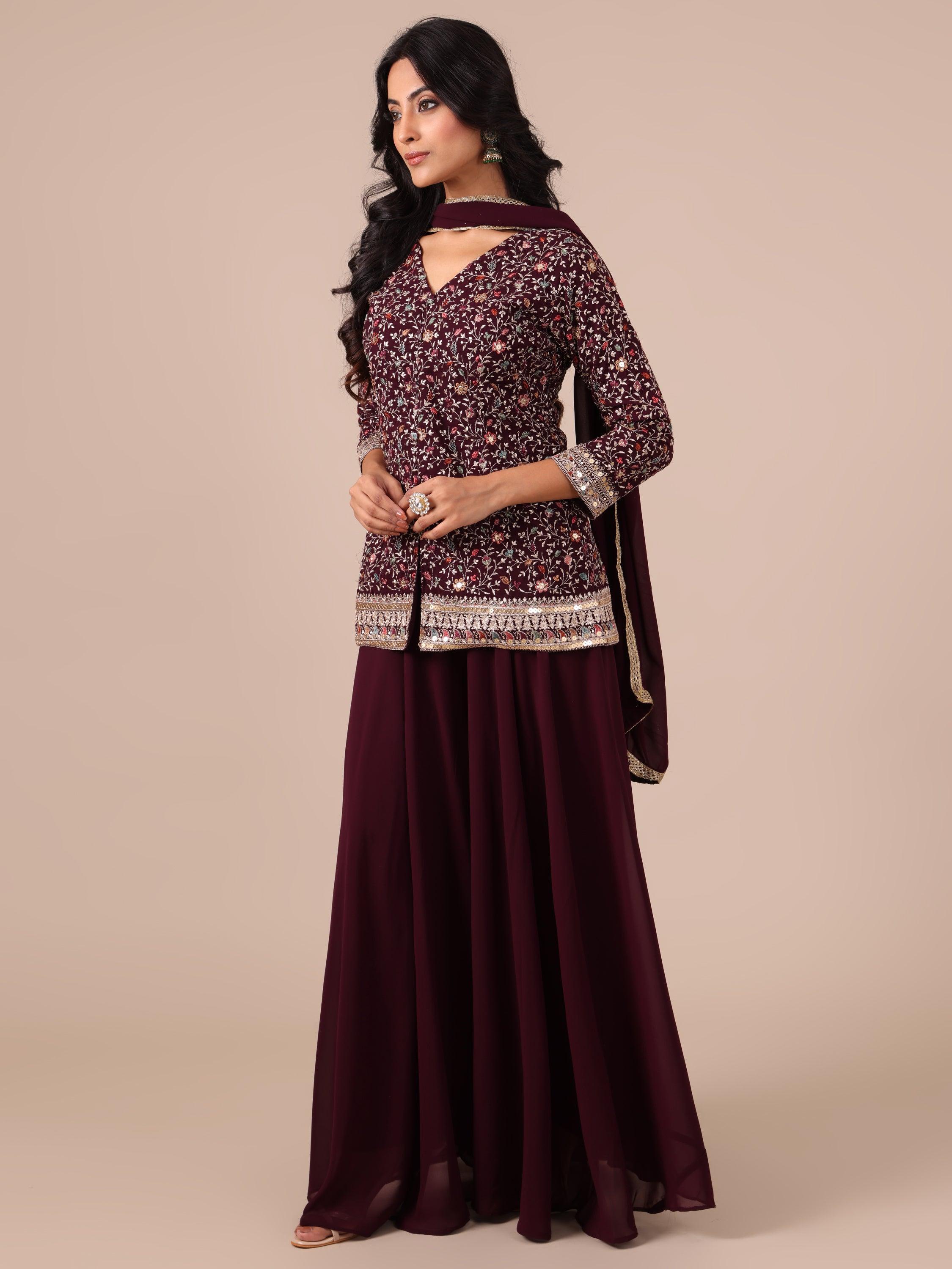 Wine Color Georgette Sharara with Matching Dupatta