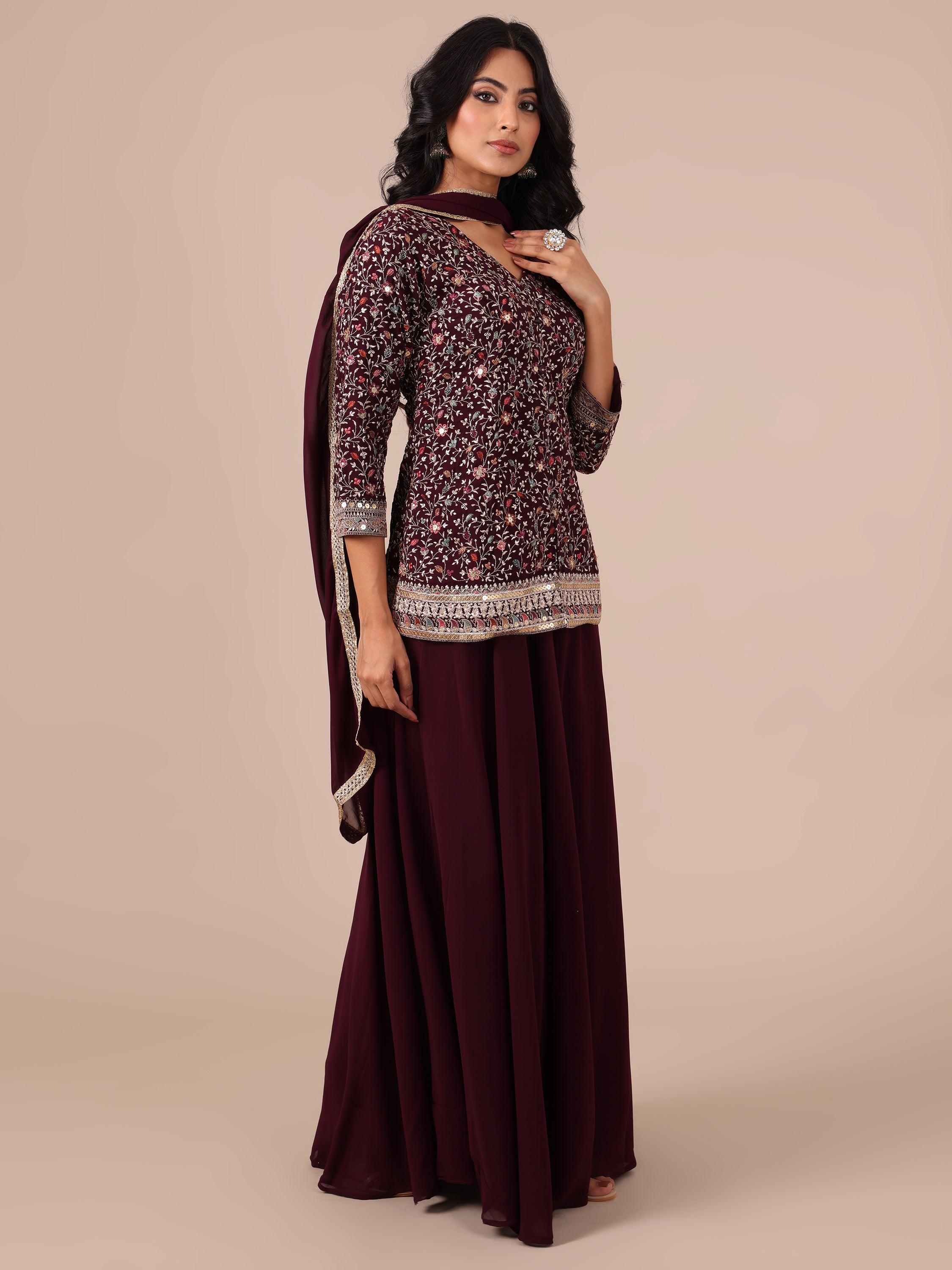 Wine Color Georgette Sharara with Matching Dupatta