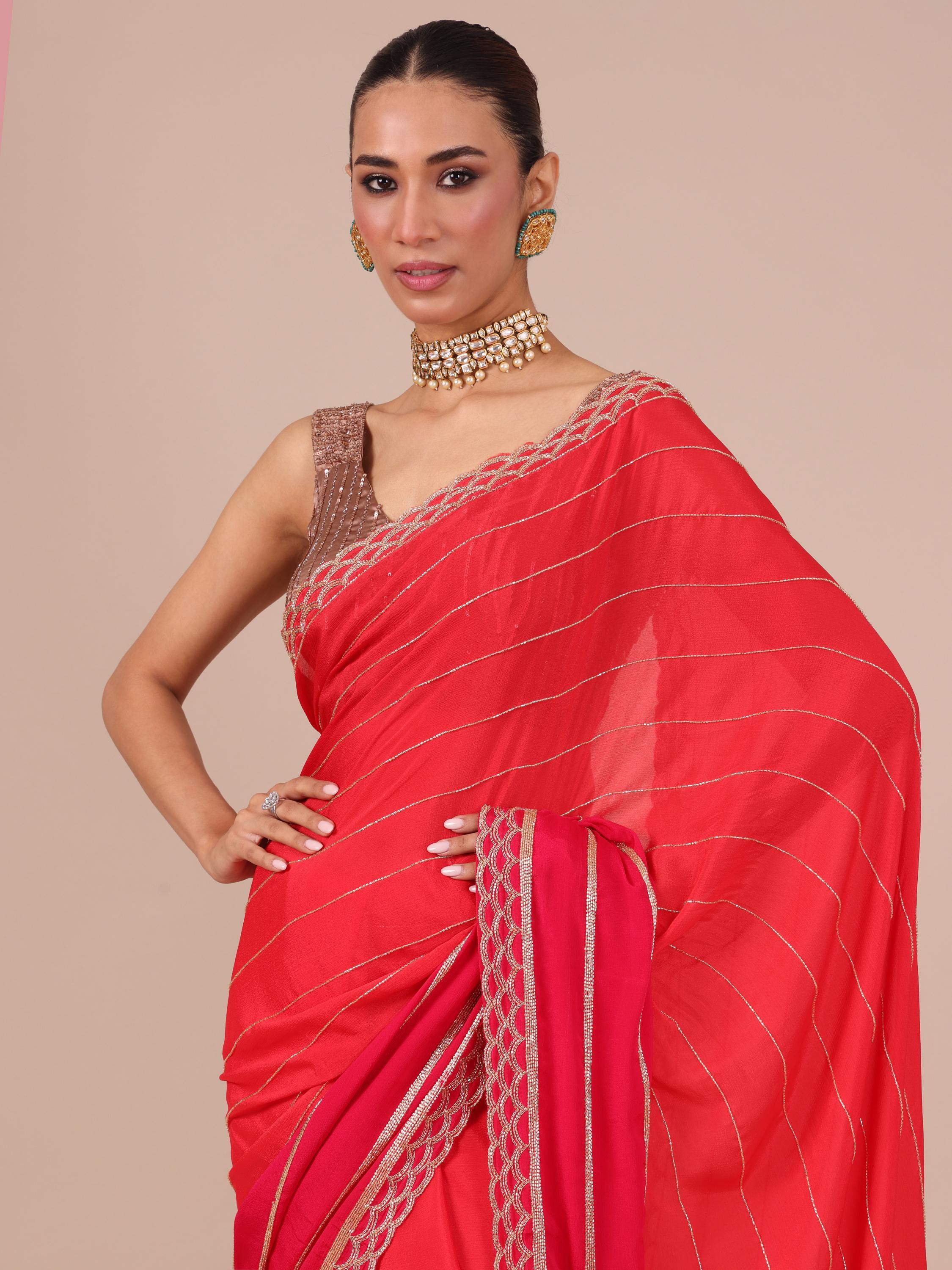 Rani Color Chinon Saree with Matching Unstitched Blouse