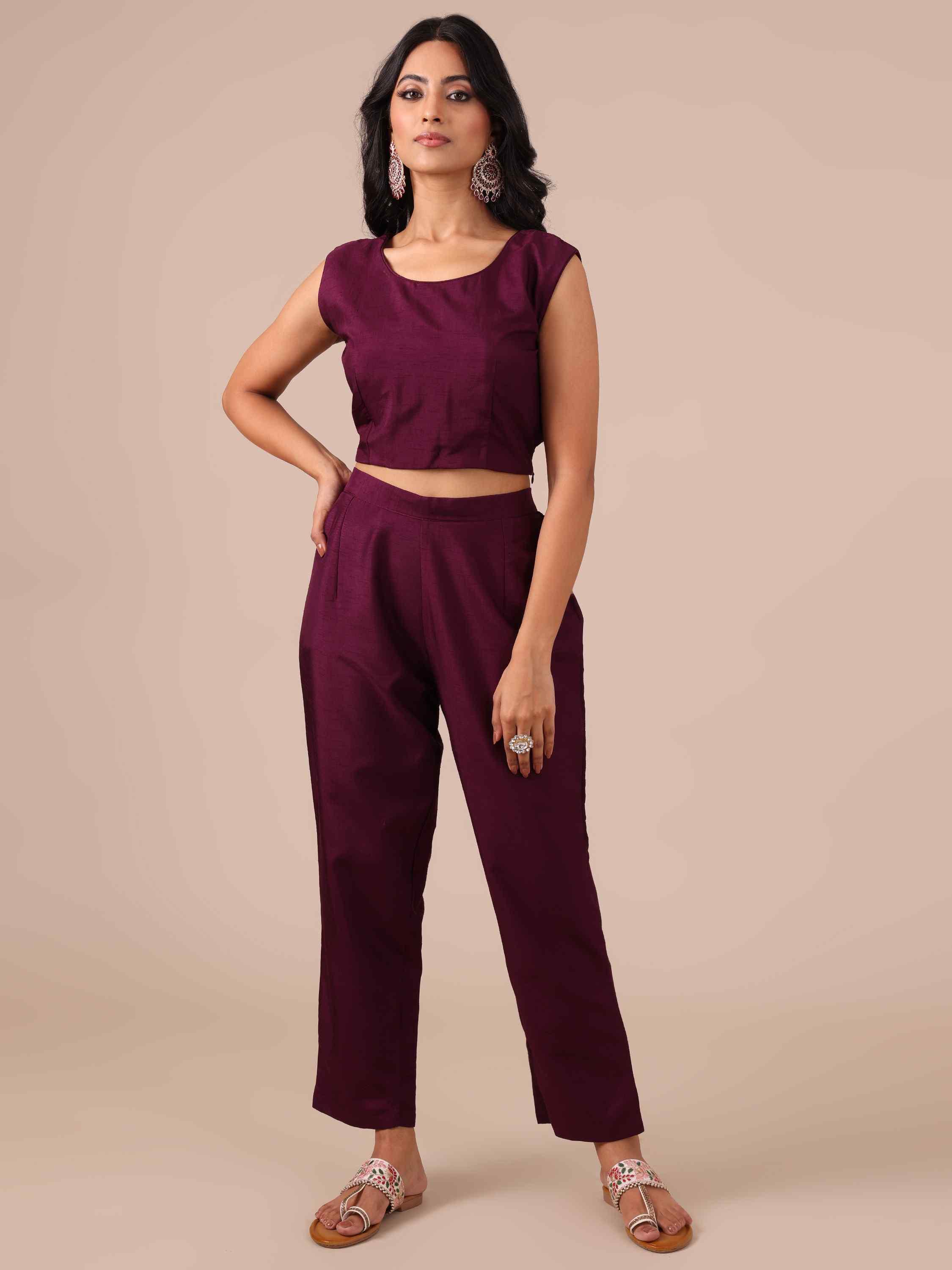 Wine Color Silk Co-ord Set with Cutdana, Sequins & Beads Work - House of Surya