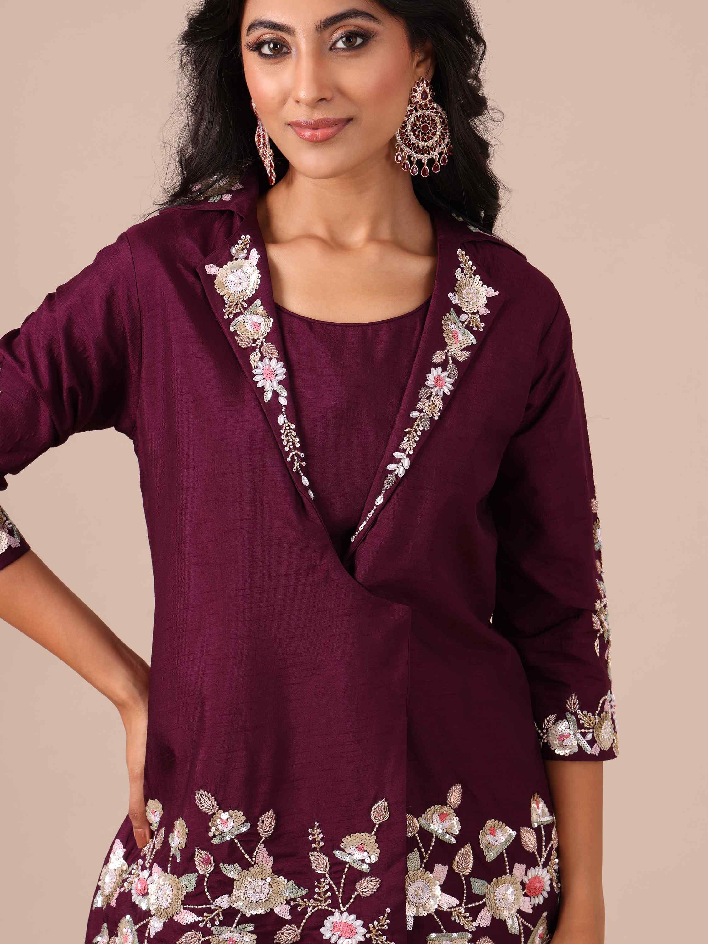 Wine Color Silk Co-ord Set with Cutdana, Sequins & Beads Work - House of Surya