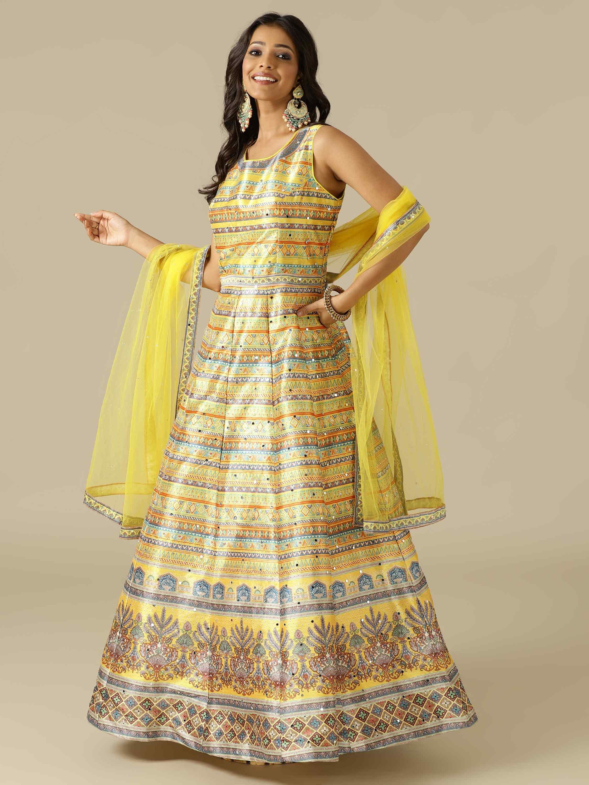 Yellow Printed Silk Gown with Net Dupatta