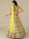 Yellow Printed Silk Gown with Net Dupatta