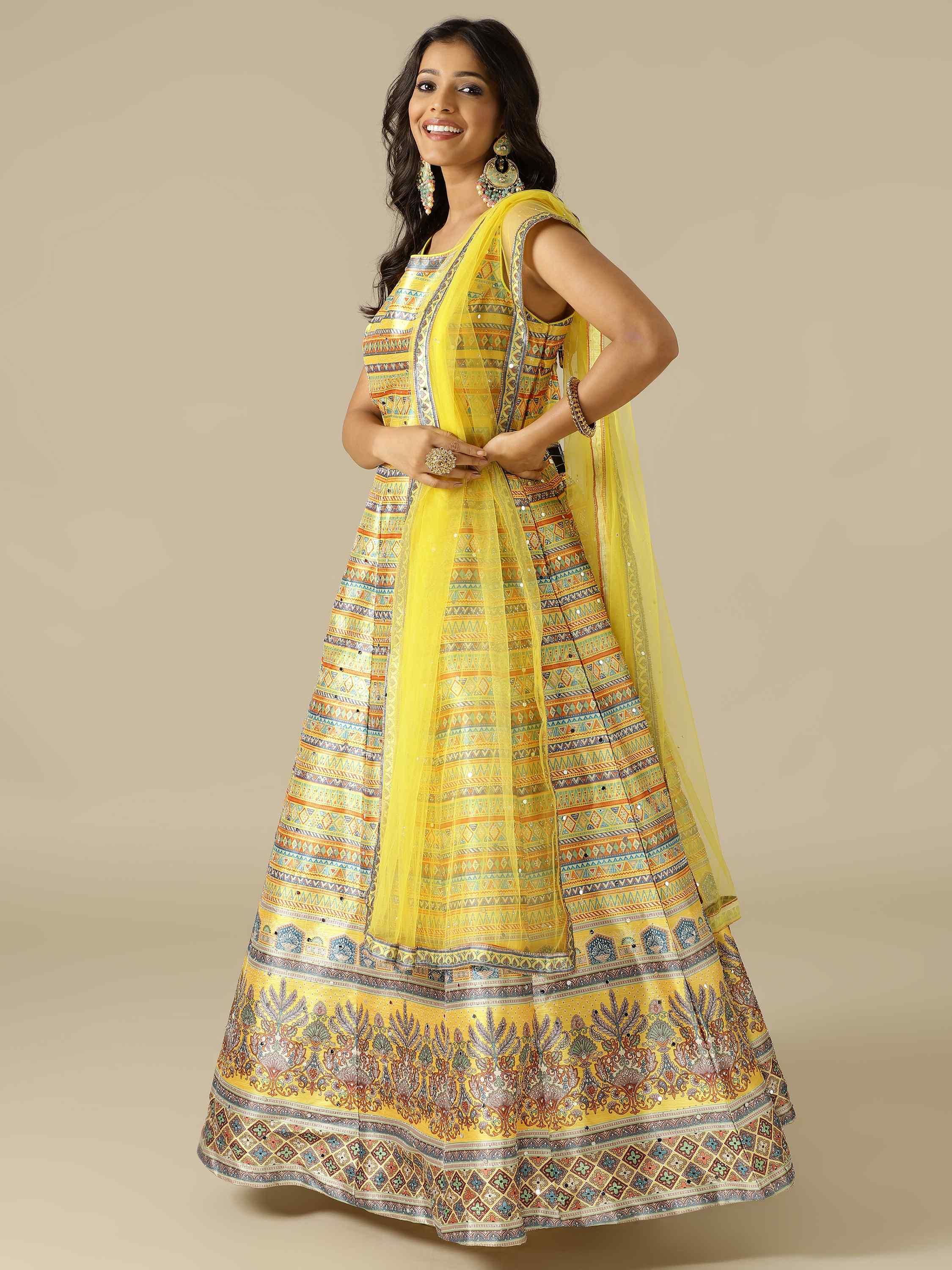 Yellow Printed Silk Gown with Net Dupatta