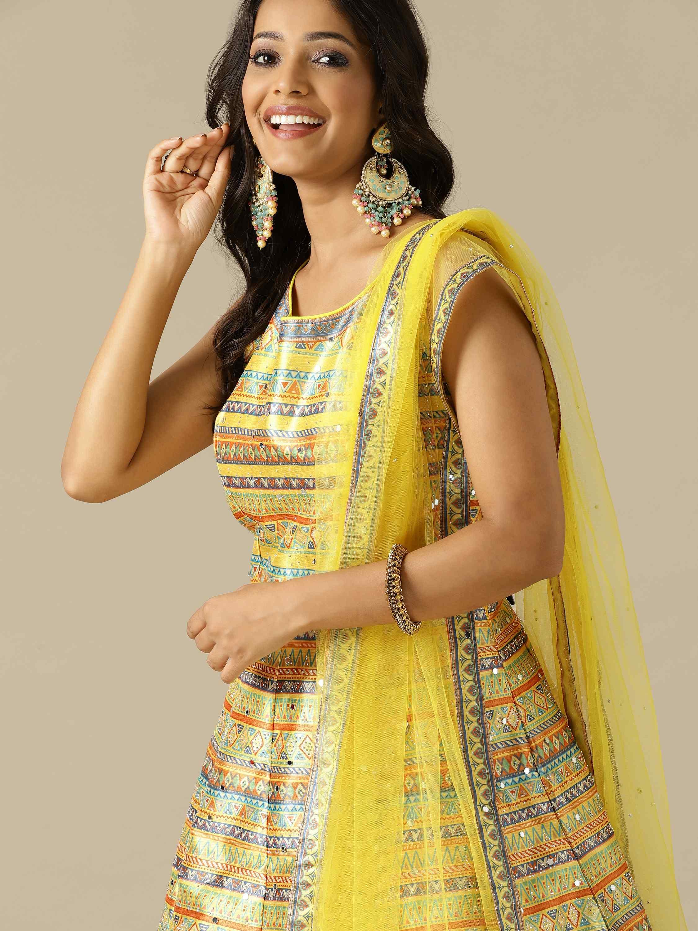 Yellow Printed Silk Gown with Net Dupatta