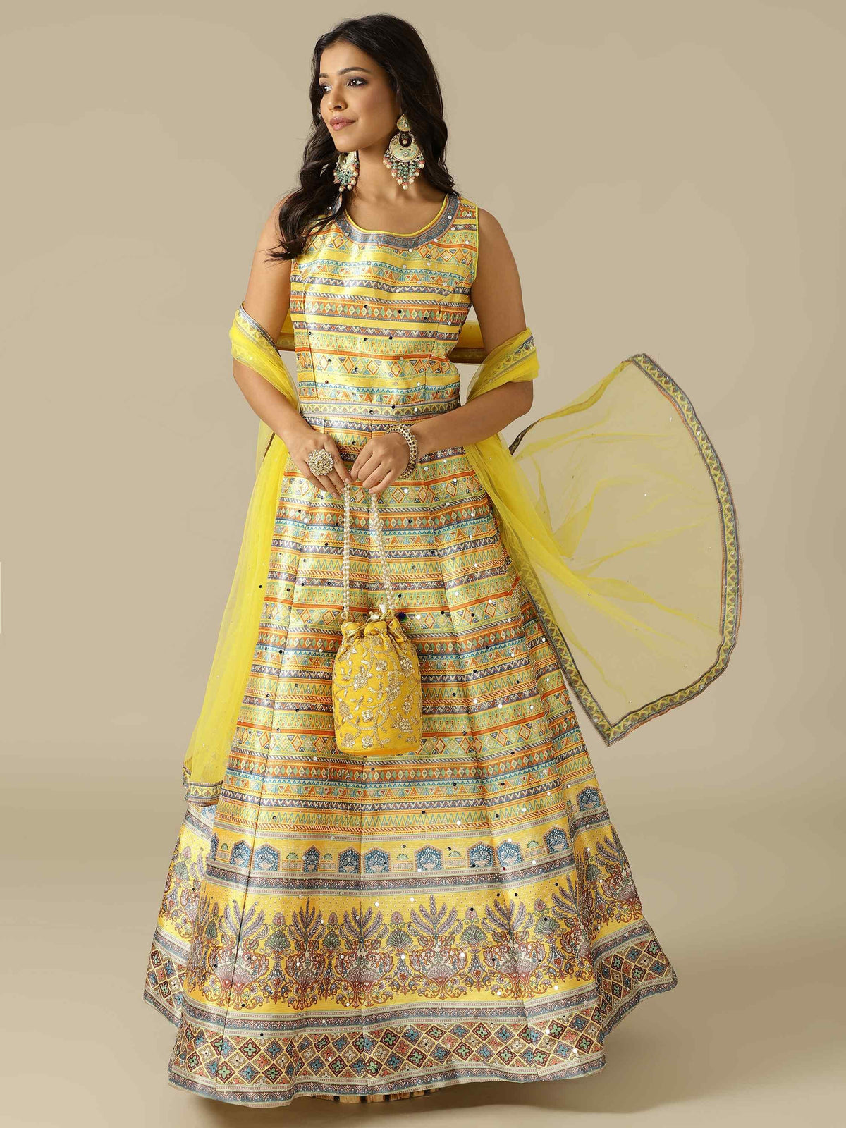 Yellow Printed Silk Gown with Net Dupatta